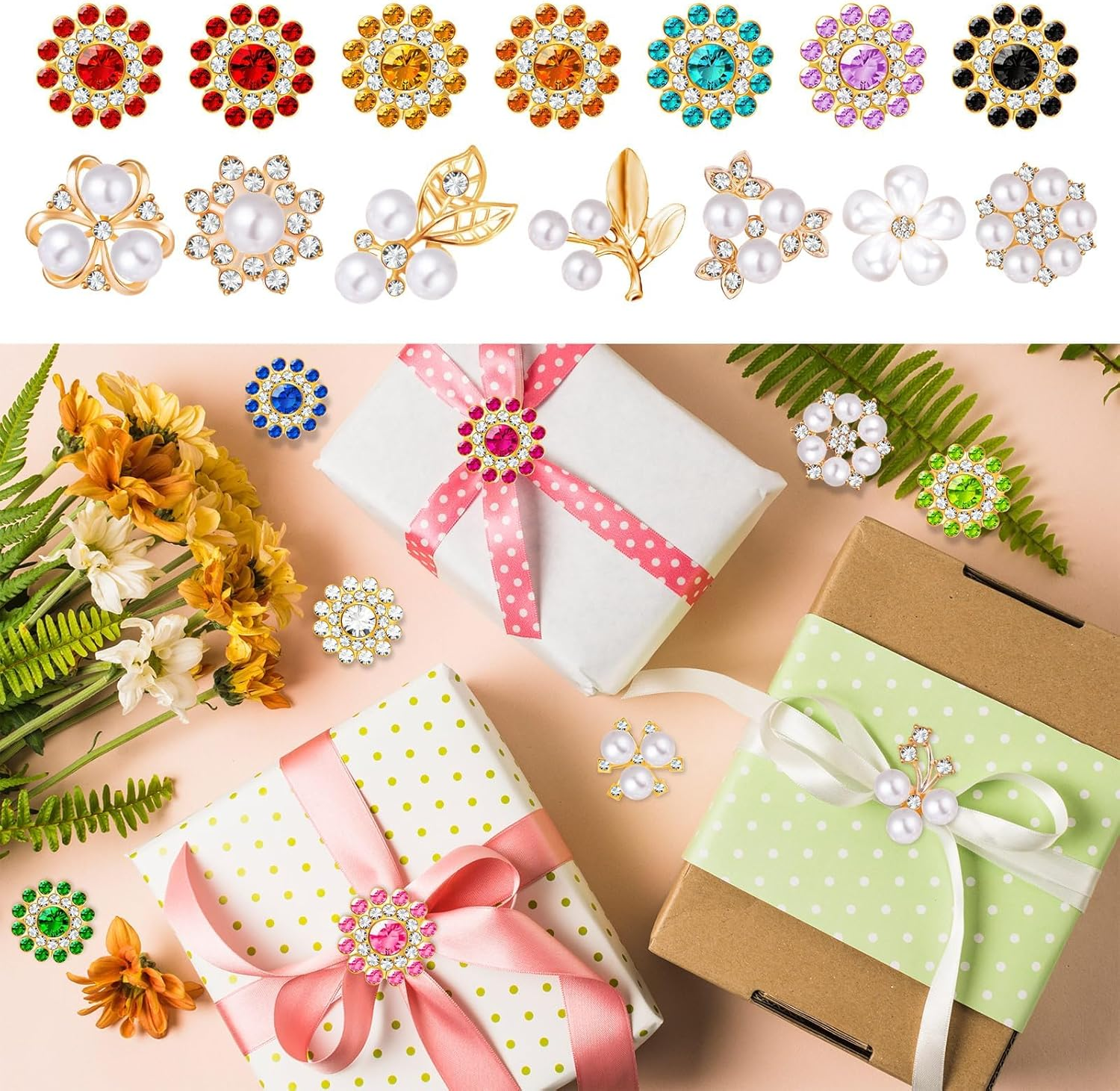 360 Pcs Flower Rhinestones Buttons Sets DIY Flat Back Flower Shaped Rhinestones Buttons, Faux Pearl Embellishments Buttons Crystal Glass Beads for Jewelry Making Wedding Home Decoration image number 6