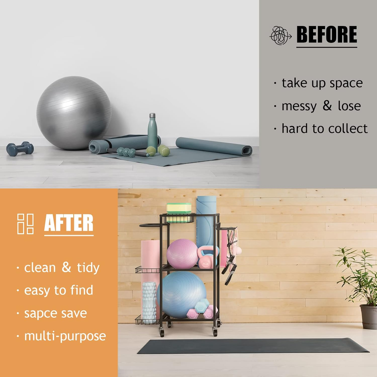 LIANTRAL Dumbbell Rack, Yoga Mat Storage Rack, Workout Equipment Storage Rack for Dumbbells Kettlebells Yoga Mat and Balls, Home Gym Storage Organizer with Hooks and Wheels - Black image number 6