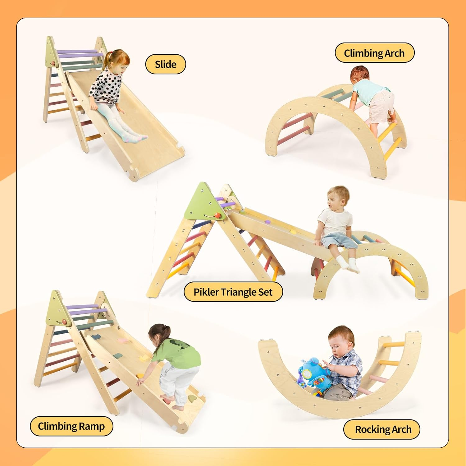 Pikler Triangle Set, Toddler Climbing Toys Indoor Playground, Wooden Montessori Climbing Toys for Toddlers 1-3 Inside image number 3