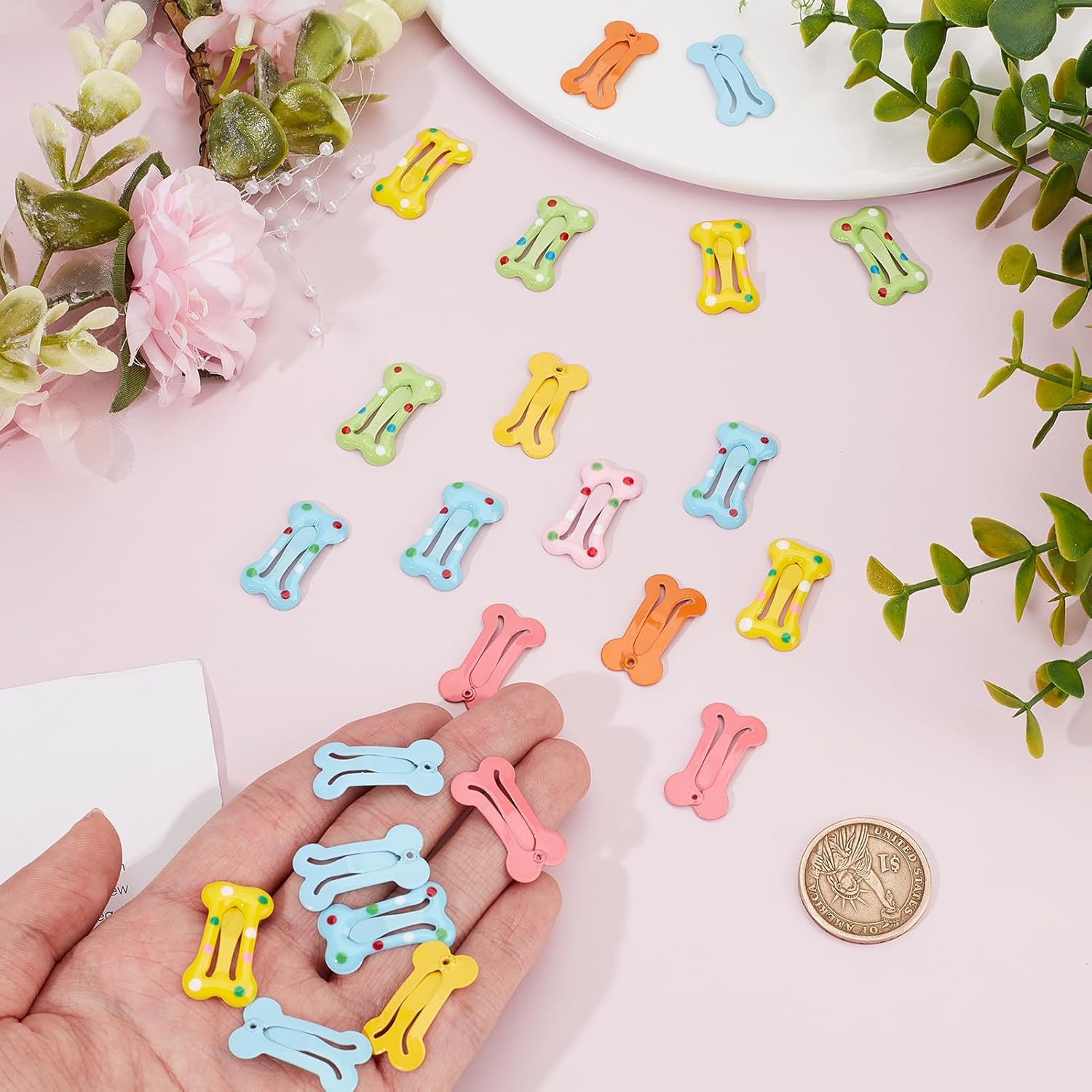 NICENEEDED 50 PCS Bone Shaped Hair Clips, 1" Small Barrettes Dog Hair Clip, Cat Puppy Mini Snap Hair Clip, Pet Grooming Bows Hair Decoration Accessories image number 1