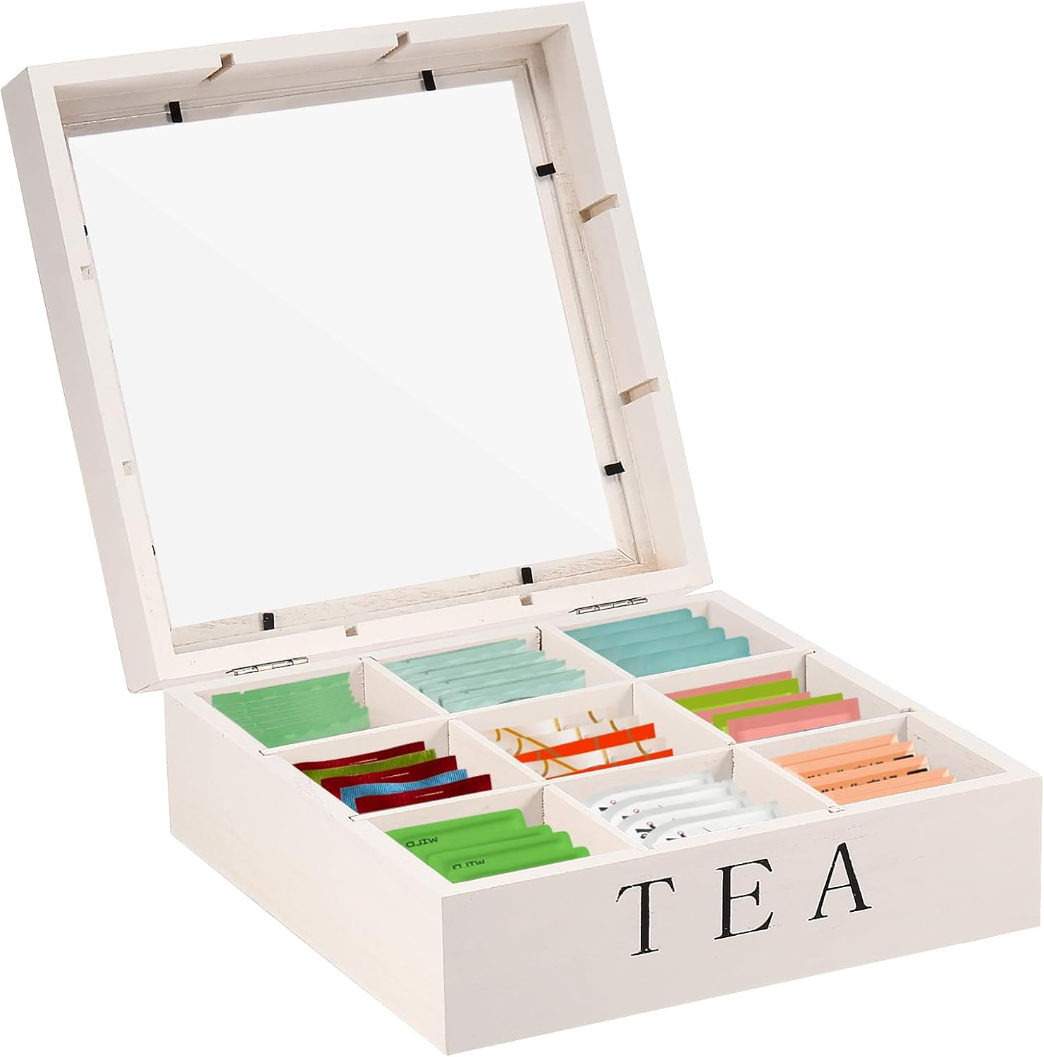 Awobepl Tea Bag Organizer Wood Tea Bag Holder with Clear Lid 9 Compartments Tea Caddy Practical Tea Organizer Caddy Large Capacity Tea Bag Box for Home Office (Black)