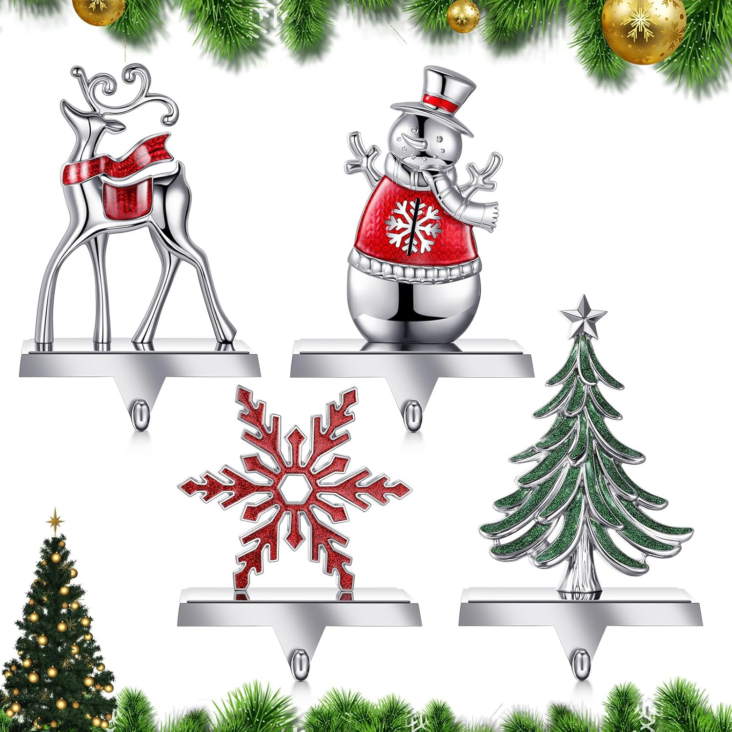 Zhengmy Set of 4 Christmas Stocking Holders for Mantle Reindeer Snowflake Snowman Pine Tree Metal Standing Hook Decorative Holder Stand Silver Stockings Hanger Xmas Fireplace, Blue, Red, Green image number 4