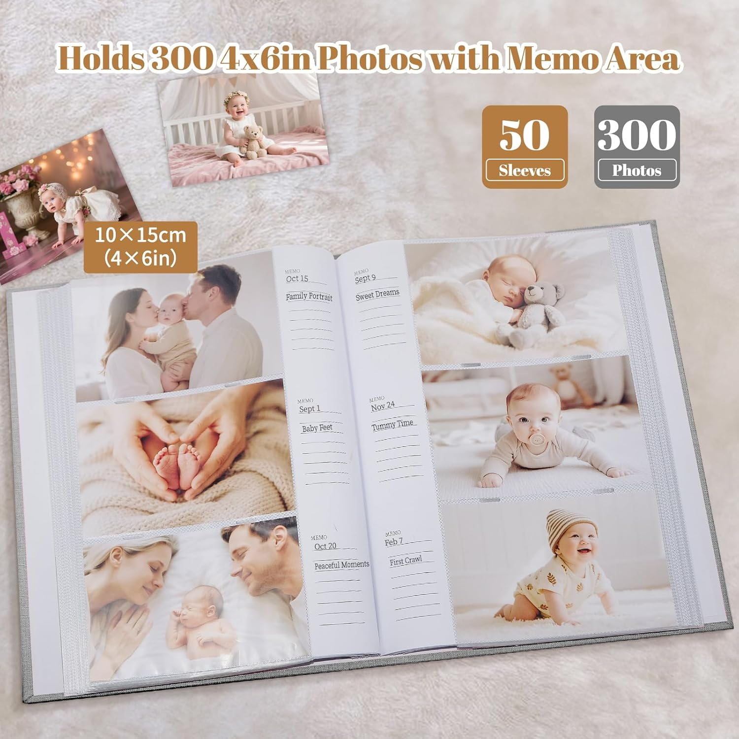 Baby Photo Album 6X4 300 Pockets with Memo Area & Hand and Footprint Kit, Linen Cover Slip-In Memory Book with Front Window, Acid-Free Keepsake for Newborn Boy Girl, First Year Moments - Beige image number 7