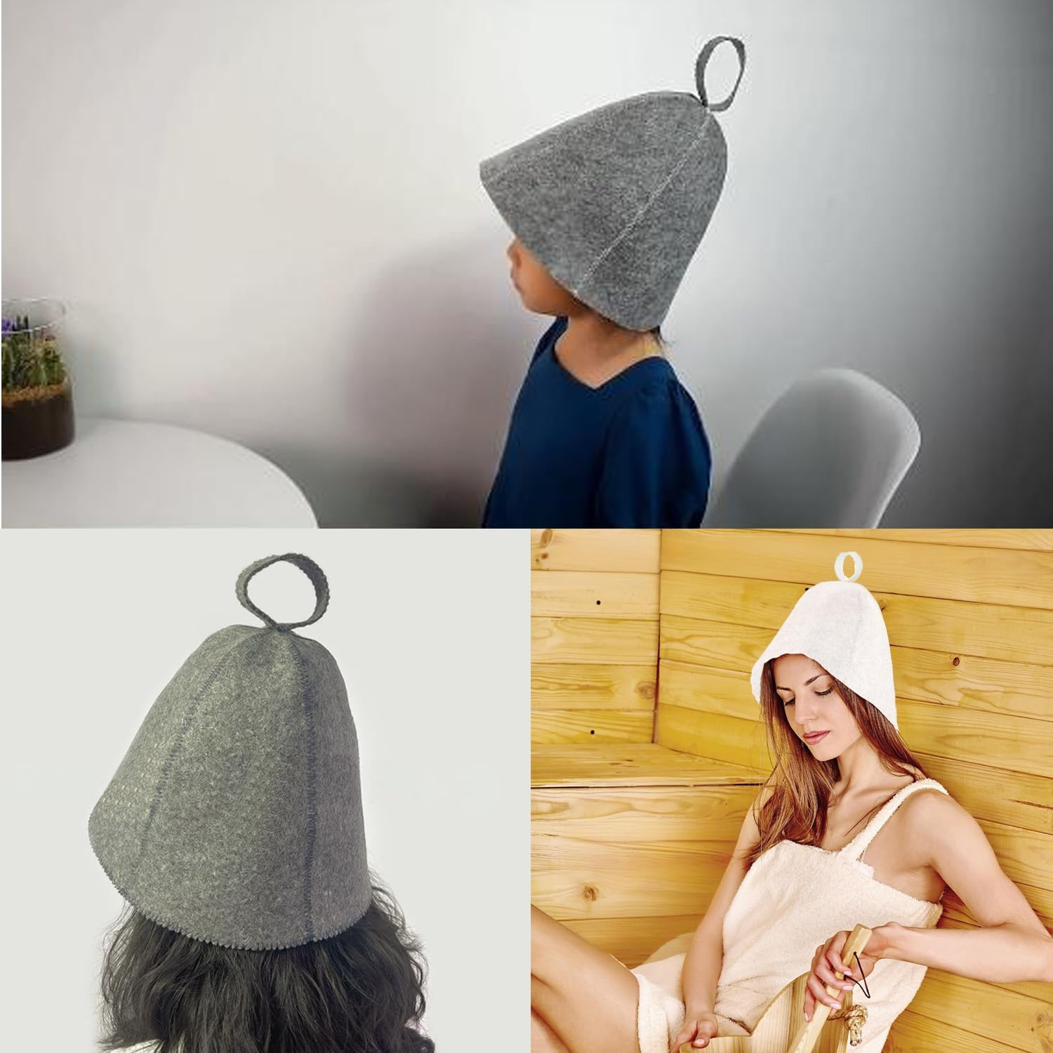 2 Pieces of Sauna Hats,Infrared and Steam Room Caps,Unisex,Wool Felt Sauna Head Protection Hats, Sweat Room Hair Protection,Bathing Caps(Grey, White) image number 5
