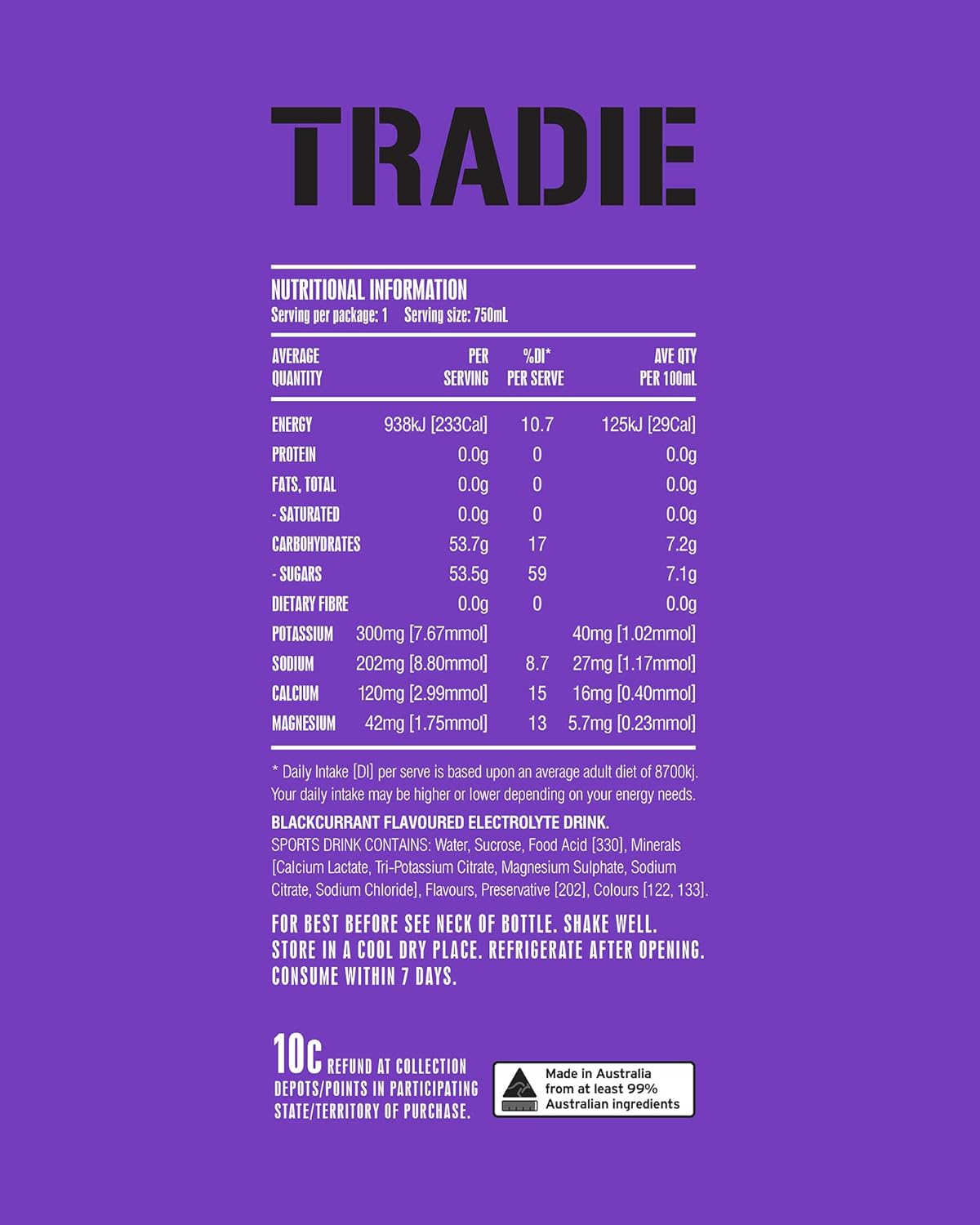 TRADIE BONZA BLACKCURRANT Sports Drink 12 X 750Ml