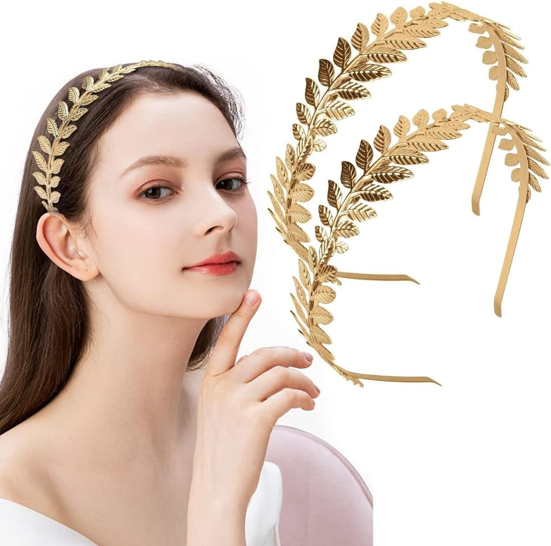 Pack of 2 Roman Goddess Headbands in Gold - Women'S Hair Band for Bride, Girls & Boho Wedding - Laurel Wreath Hair Accessories with Golden Leaves as Crown Accessory image number 4