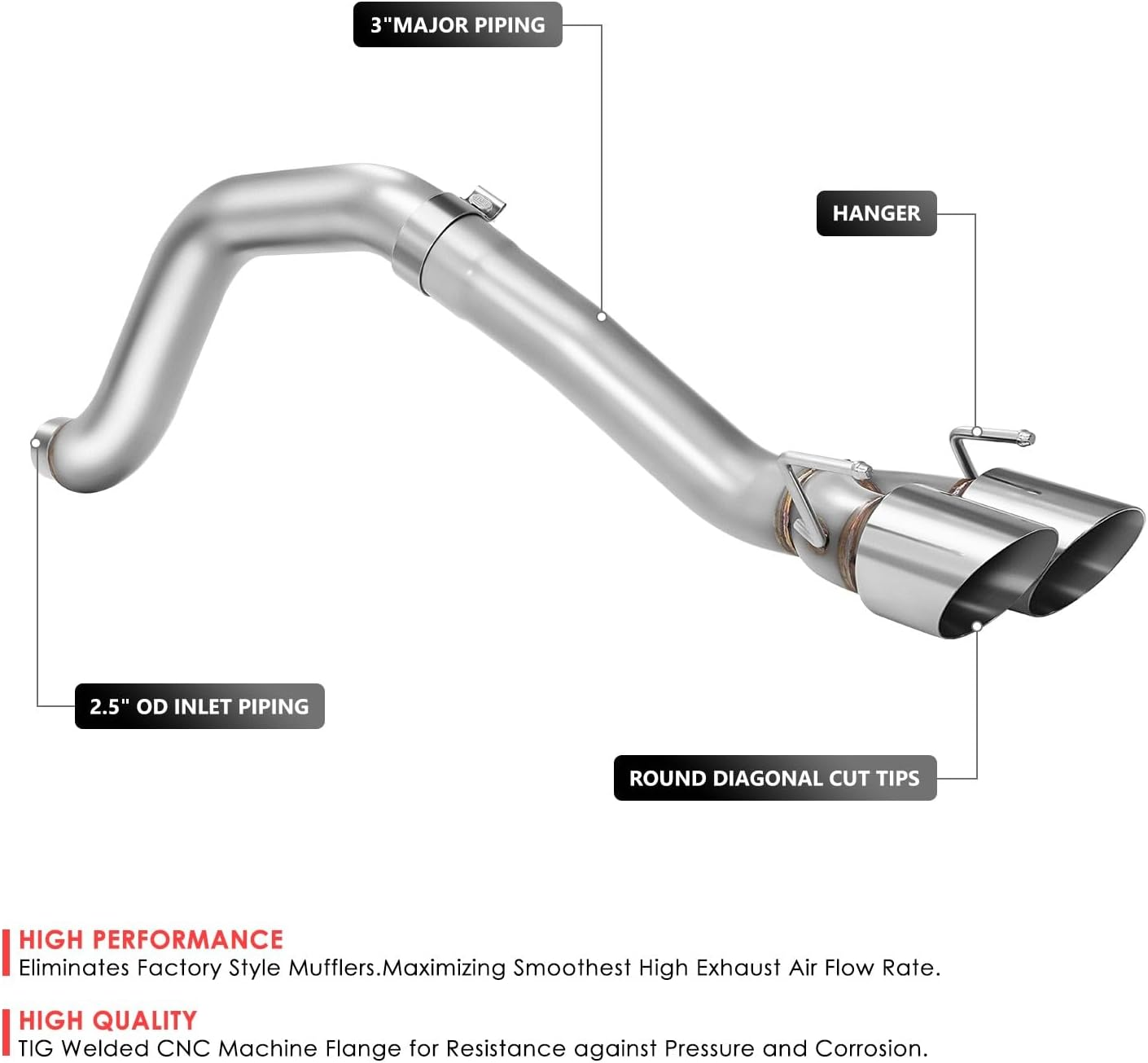 DNA MOTORING Axle-Back Exhaust System Compatible with 05-08 Chevy Corvette 6.0L 6.2L,Round Diagonal Rolled Muffler Tip,2.5" Inlet/3" Outlet, Aluminized Piping/Polished Tips CBE-MU-CCORVO5-60L image number 3
