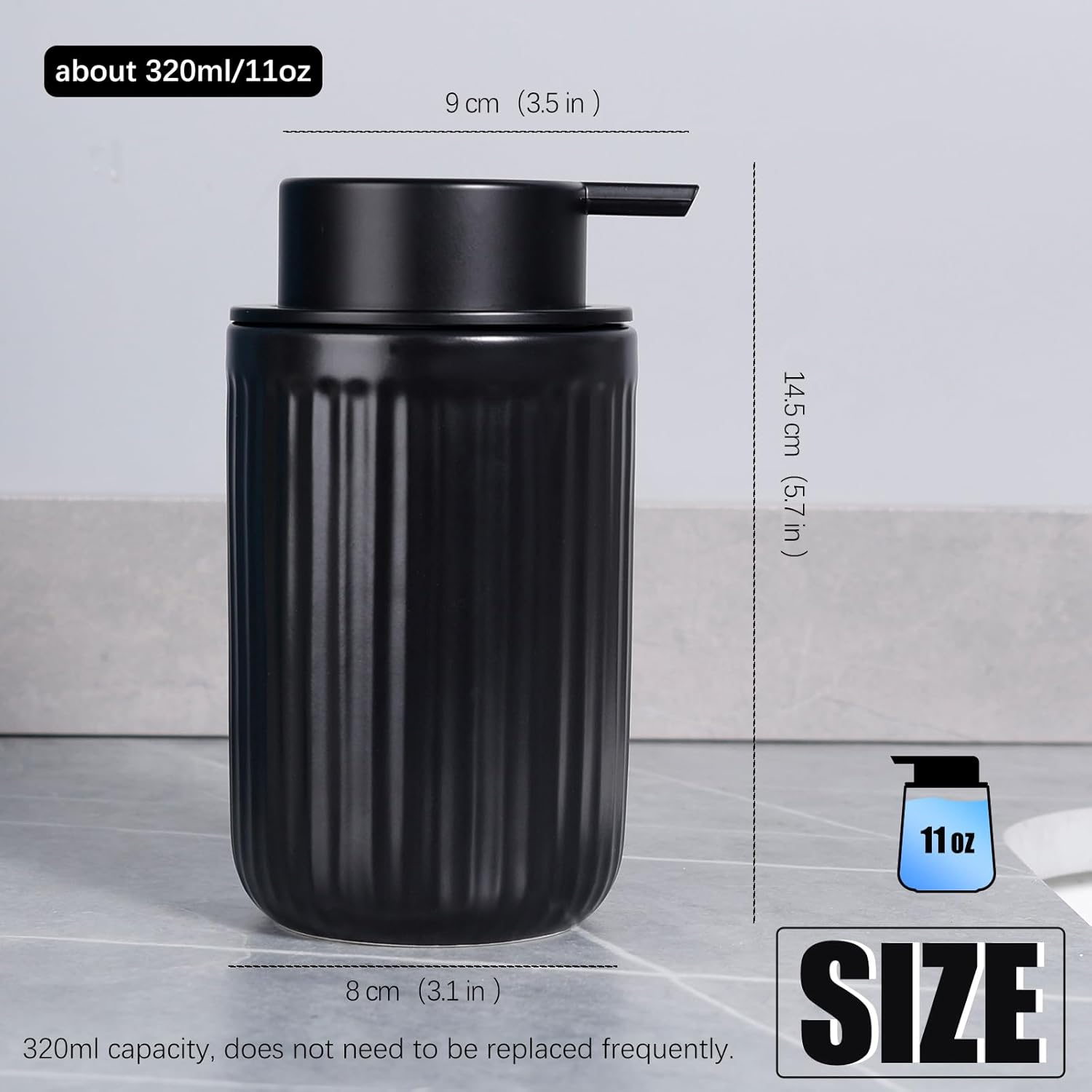 Umlaca Foam Soap Dispenser Black Ceramic Foaming Soap Dispenser for Bathroom, 320Ml Refillable Liquid Lotion Hand Soap Dispenser with Rust-Proof Foaming Pump for Countertop image number 6