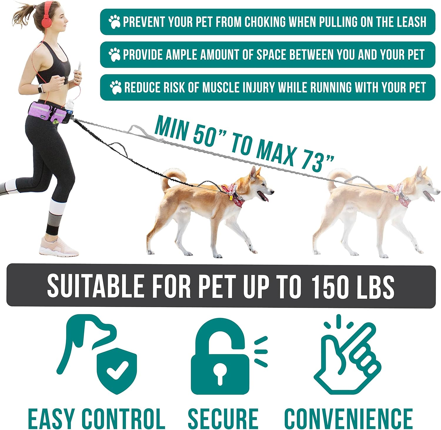 Petami Hands Free Dog Leash, Running Leash Belt Bag for Walking, Jogging, Waist Double Zipper Pouch with Poop Dispenser, Dual Padded Handles Reflective Bungee Double, Purple, 2 Leashes image number 6