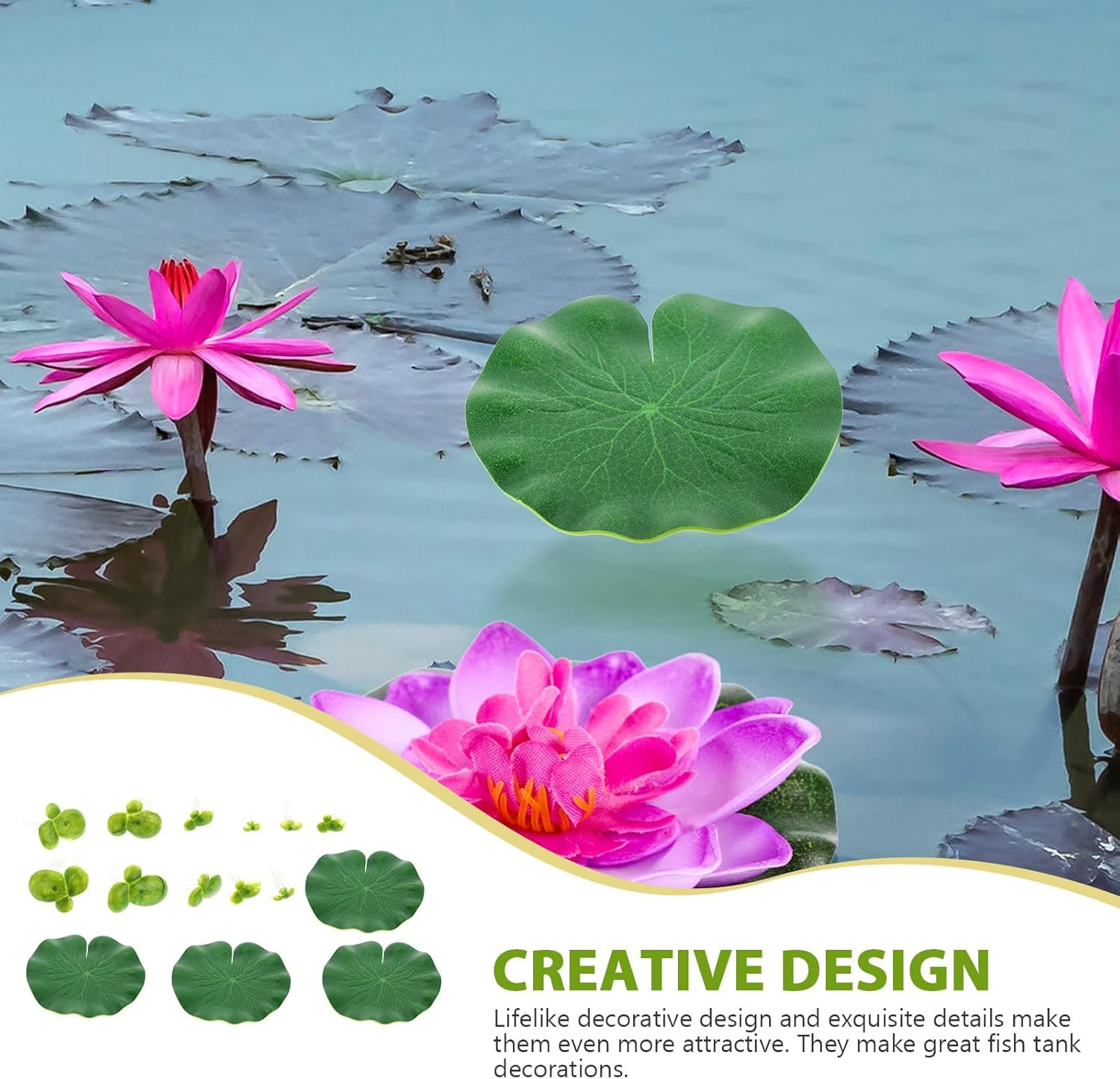 Amosfun Aquarium Plant Aritificial Floating Plants Lotus Leaves Duckweed - 4Pcs 10Cm Floating Lily Pad Pond Decorations and 2 Small Bags of Plastic Duckweed image number 2