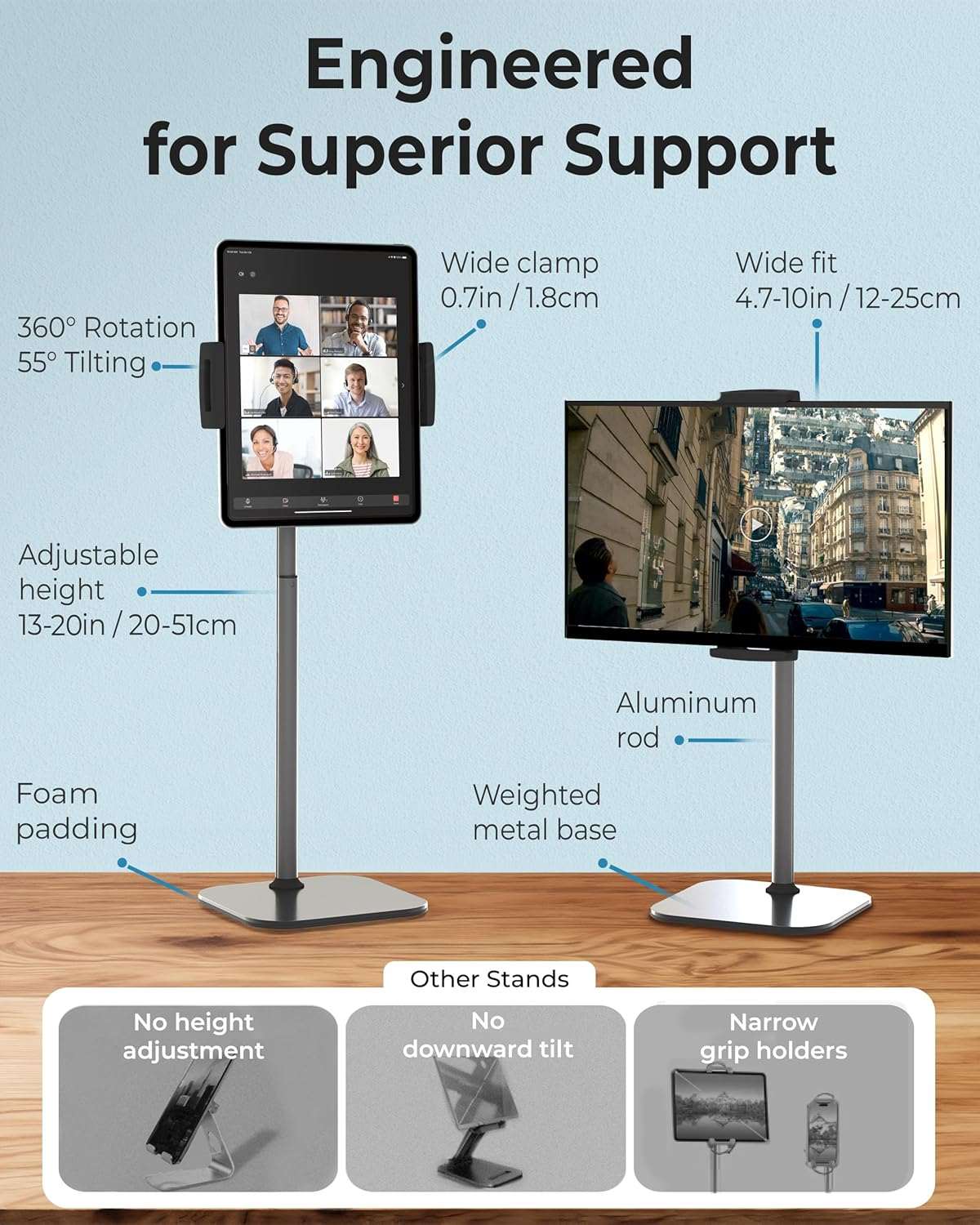 Cooper Tabstand - Height Adjustable Ipad Stand for Desk, Tablet Holder, 16" Portable Monitor Stand | Aluminum Alloy Telescoping Tablet Tripod for All Ipad, Pro, Air, Mini & Kindle (Night Black)