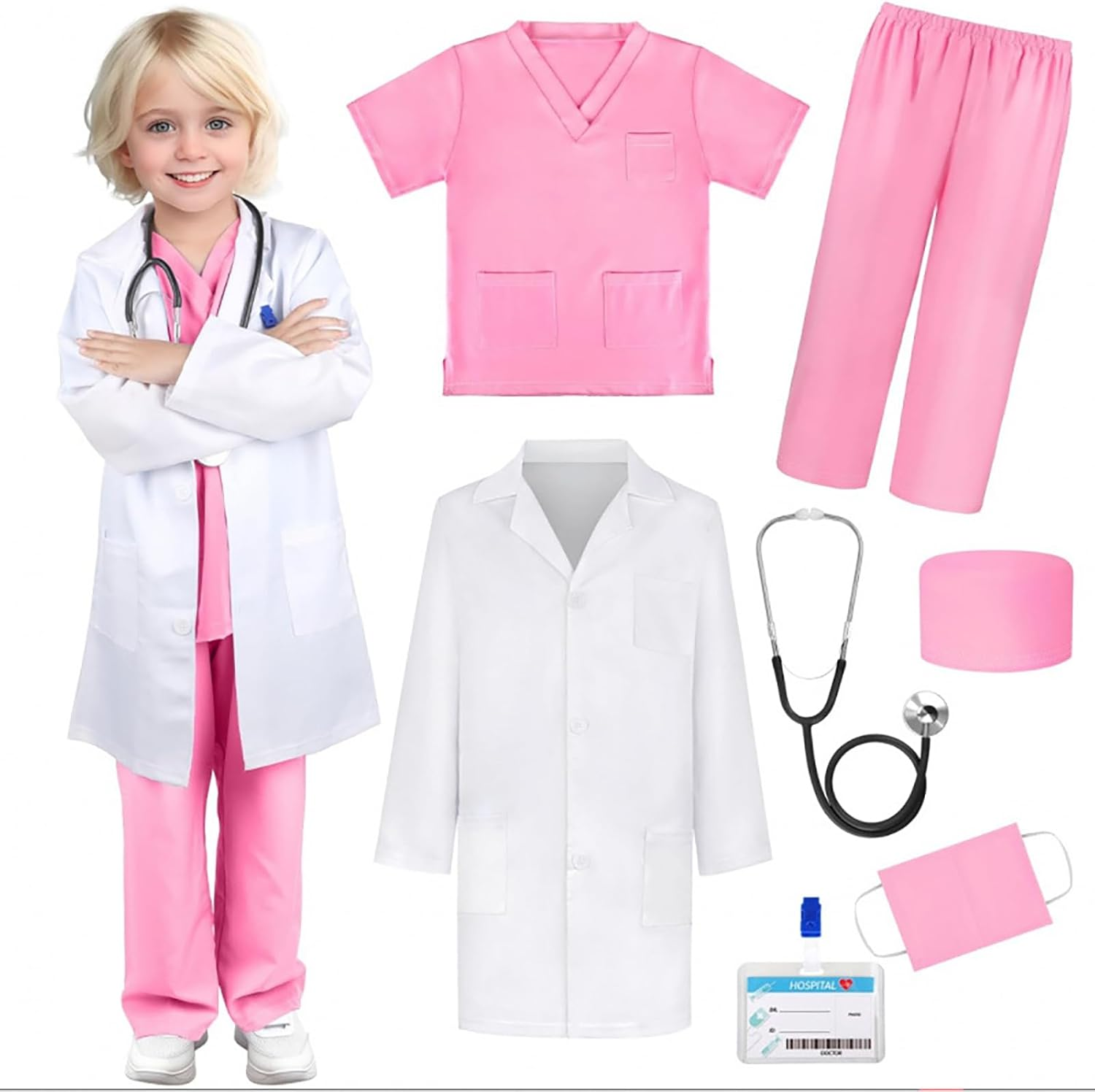 Kids Doctor Costume 7Pcs Kid Lab Coat Doctor Nurse Fancy Dress Costume Set Scrubs with Accessories Halloween Costume for Girls image number 1