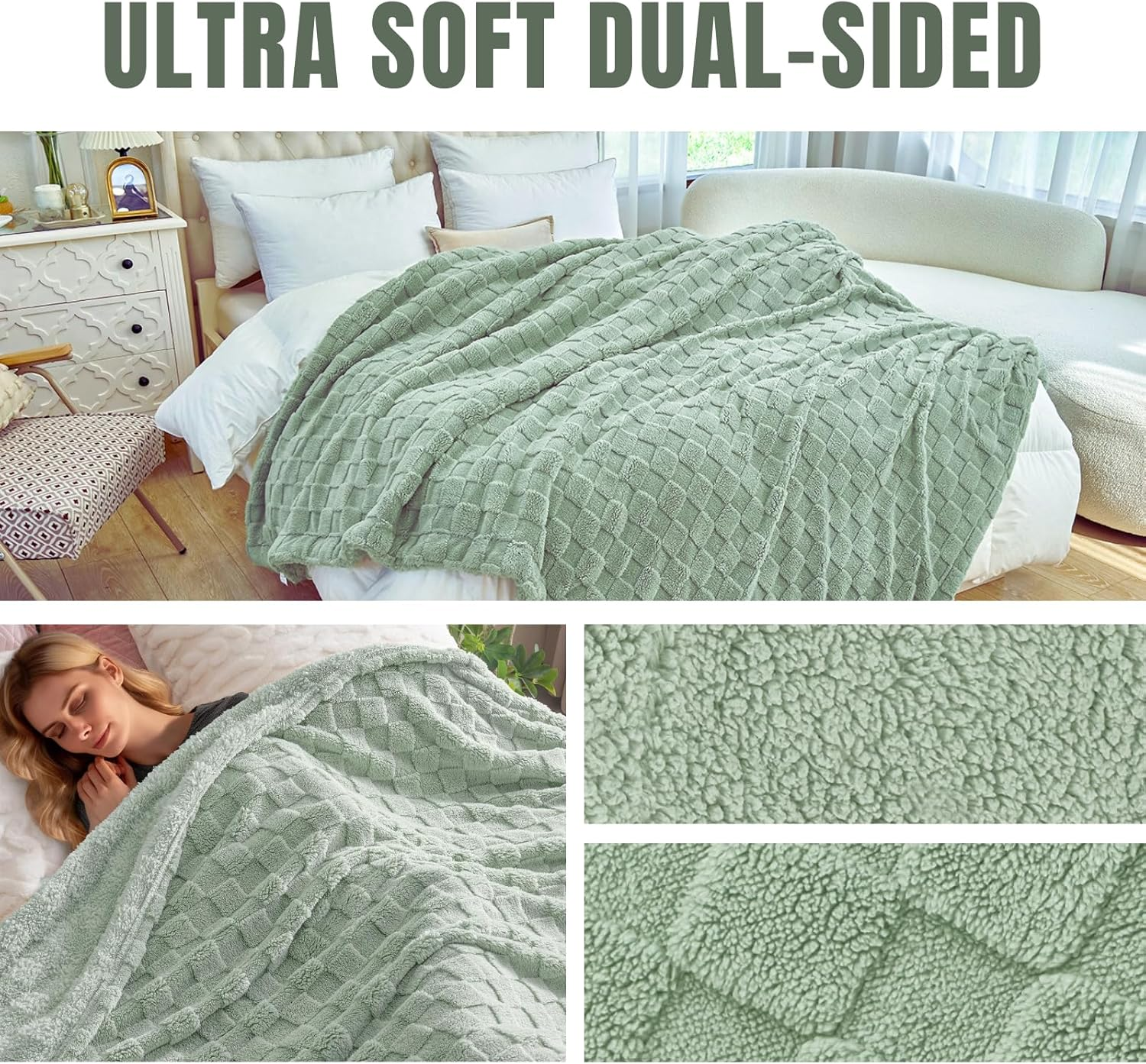 Fleece Throw Blanket for Sofa - Soft Checkered Single Blankets for Women, Fluffy Cosy Warm Blanket for Bed (Sage Green, Queen) image number 3