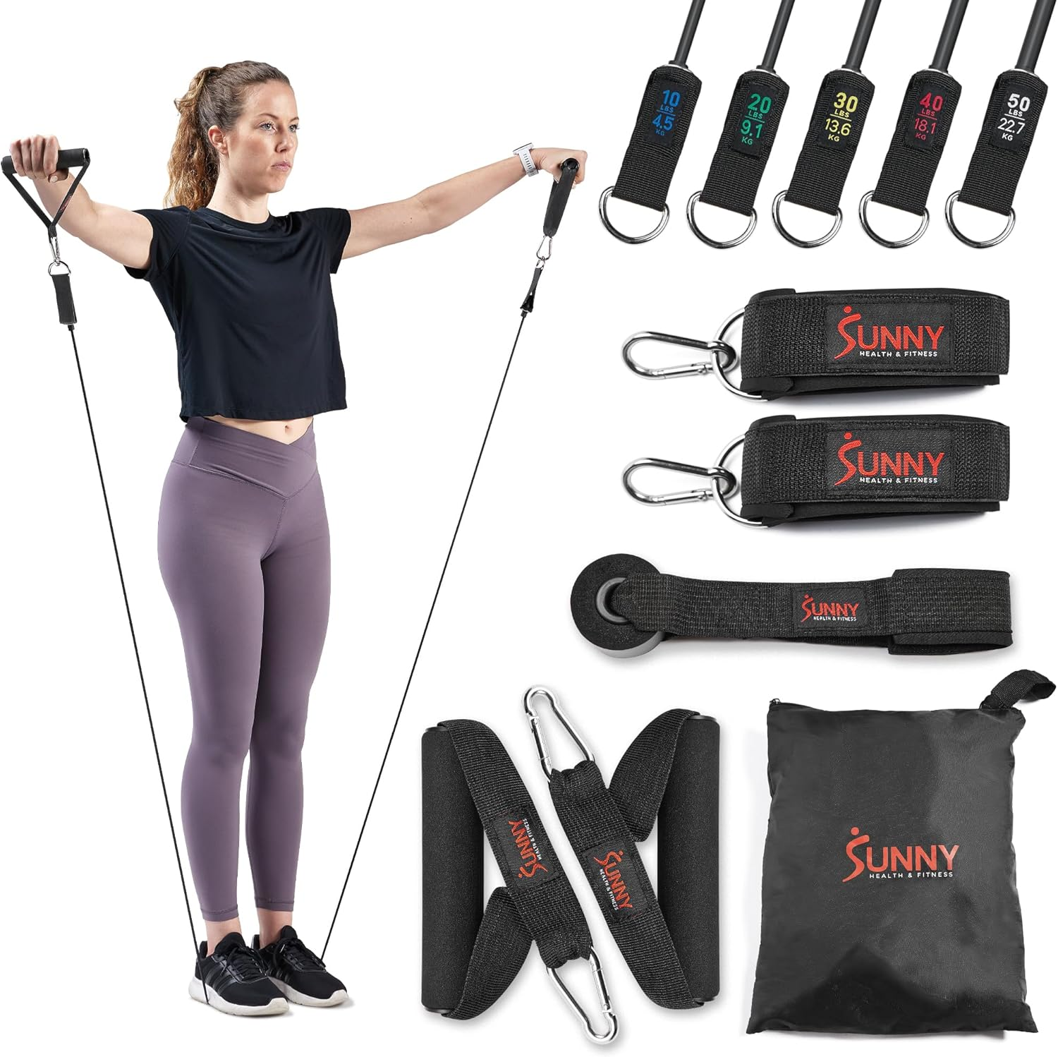 Sunny Health & Fitness Premium Resistance Band Set with Door Anchors, Wrist Straps, Handles Carry Bag Optional Padded Ankle Straps (Pair) for Strength Training, Booty Workout, Lower Body Exercises image number 1