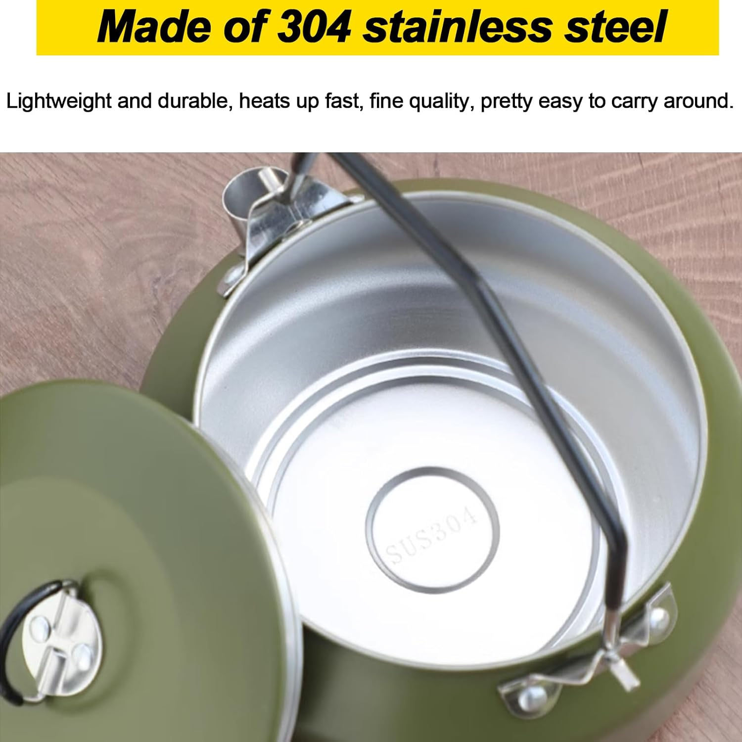 Camping Kettle Camp Tea Coffee Pot, 1L Stainless Steel Outdoor Campfire Camp Kettle, Portable Lightweight Teapot Fast Heating Boiling Water, Ideal for Hiking Picnic Travel, Green - Green image number 5