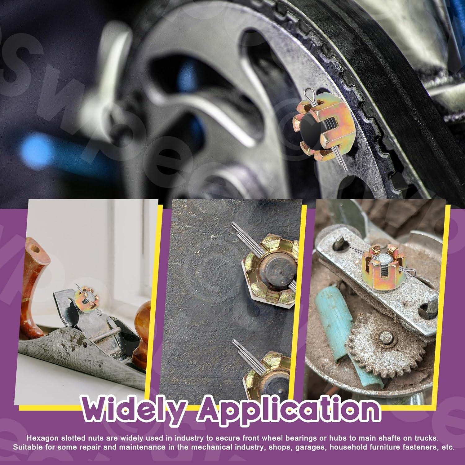 Swpeet 60Pcs 6 Sizes Color Zinc Grade 4.8 Carbon Steel M10 M12 M14 M16 M18 Hexagon Slotted Nuts Assortment Kit, Hex Castle Nuts Hex Nuts for Moto Car Furniture Fasteners Repair image number 6