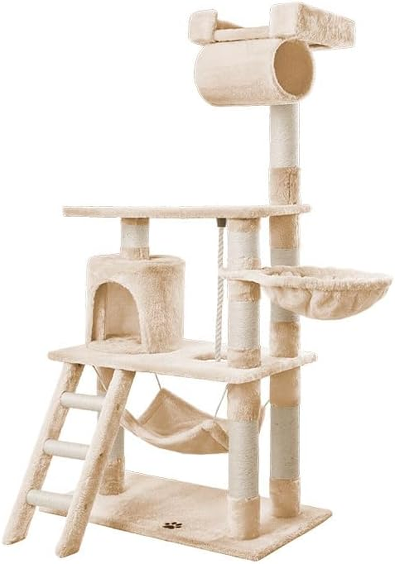 BEASTIE Cat Tree 141Cm Tall, Multi-Level Wood Scratching Post Tower with Scratcher Pole Condo House for Furniture Protecting, Black Colour