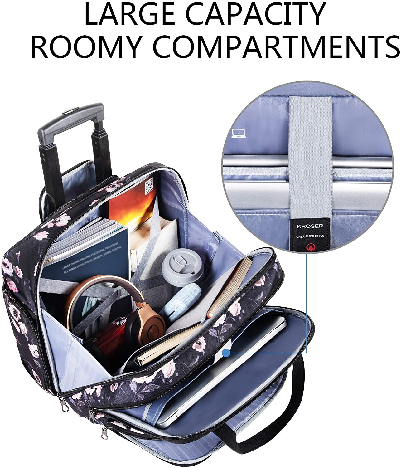 KROSER Rolling Laptop Briefcase Premium Rolling Laptop Bag Fits up to 15.6 Inch Laptop Water-Repellent Overnight Rolling Computer Bag with RFID Pockets for Travel/Business/School/Women image number 2