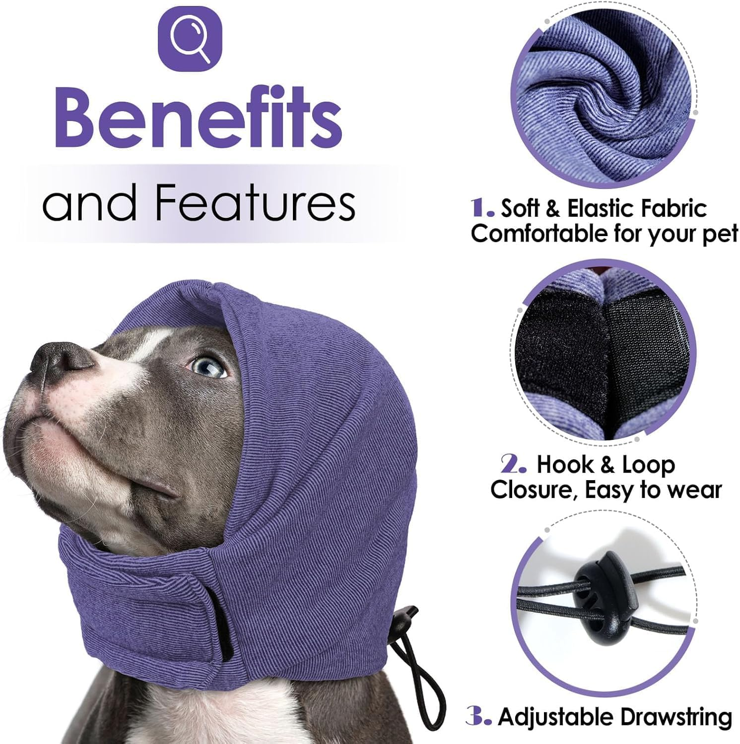 Dog Ear Muffs Noise Protection, Dog Calming Hoodie, No Flap Ear Wraps for Dogs, Soft Dog Noise Cancelling Ear Muffs, Dog Ear Cover for Anxiety Relief (Dark Purple, S) image number 4