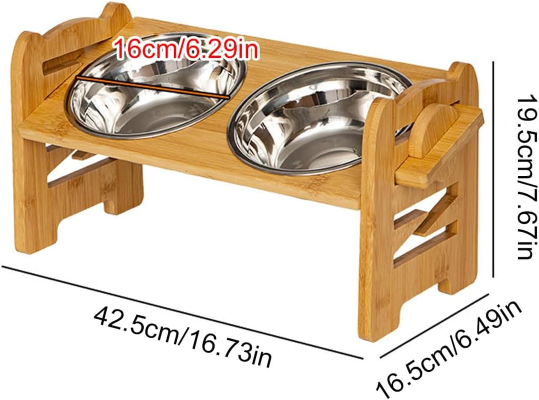 AIMALL Elevated Bamboo Pet Feeder with Two Stainless Steel Bowls, Adjustable Height for Dogs and Cats, Non-Slip Base, Easy-To-Clean Removable Bowls, 16.73 X 6.29 Inches, Sturdy image number 5