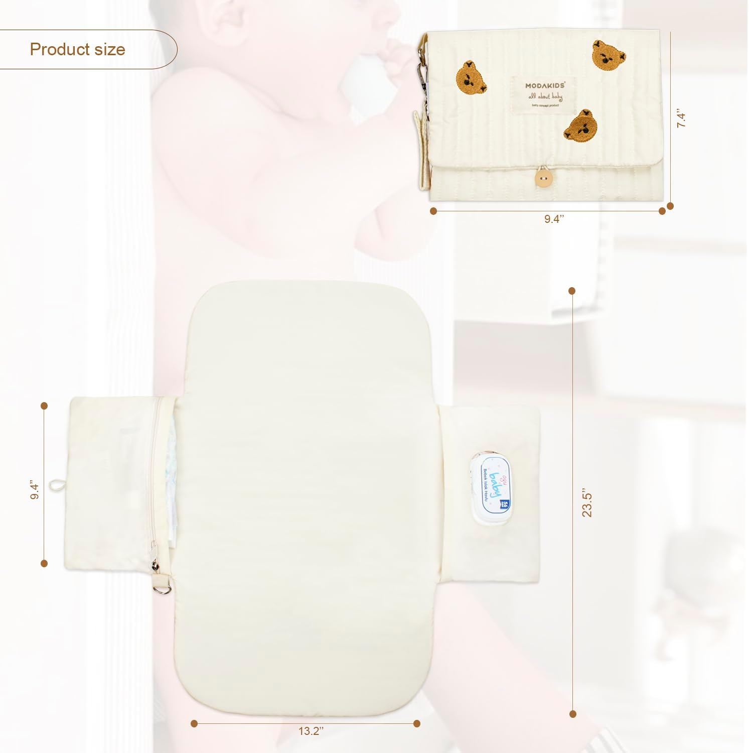 Portable Diaper Changing Pad, With, for Newborn Girl & Boy with Smart Wipes Pocket, Easy-Clean, Waterproof, Soft, Comfortable Foldable Baby Changing Pad (Bear) - Bear image number 4