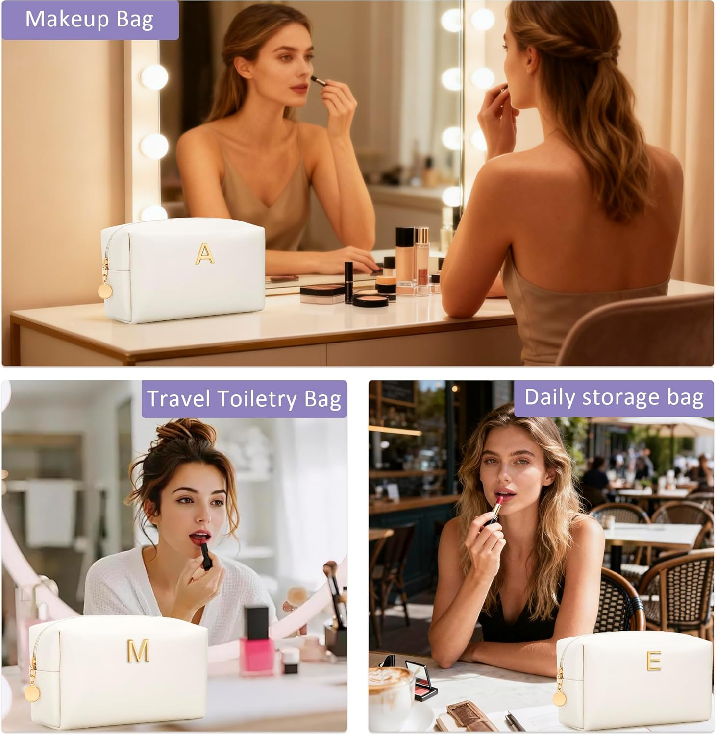 CLOUDWINGS Initial Makeup Bag Vegan Leather Cosmetic Bag, Beige image number 4