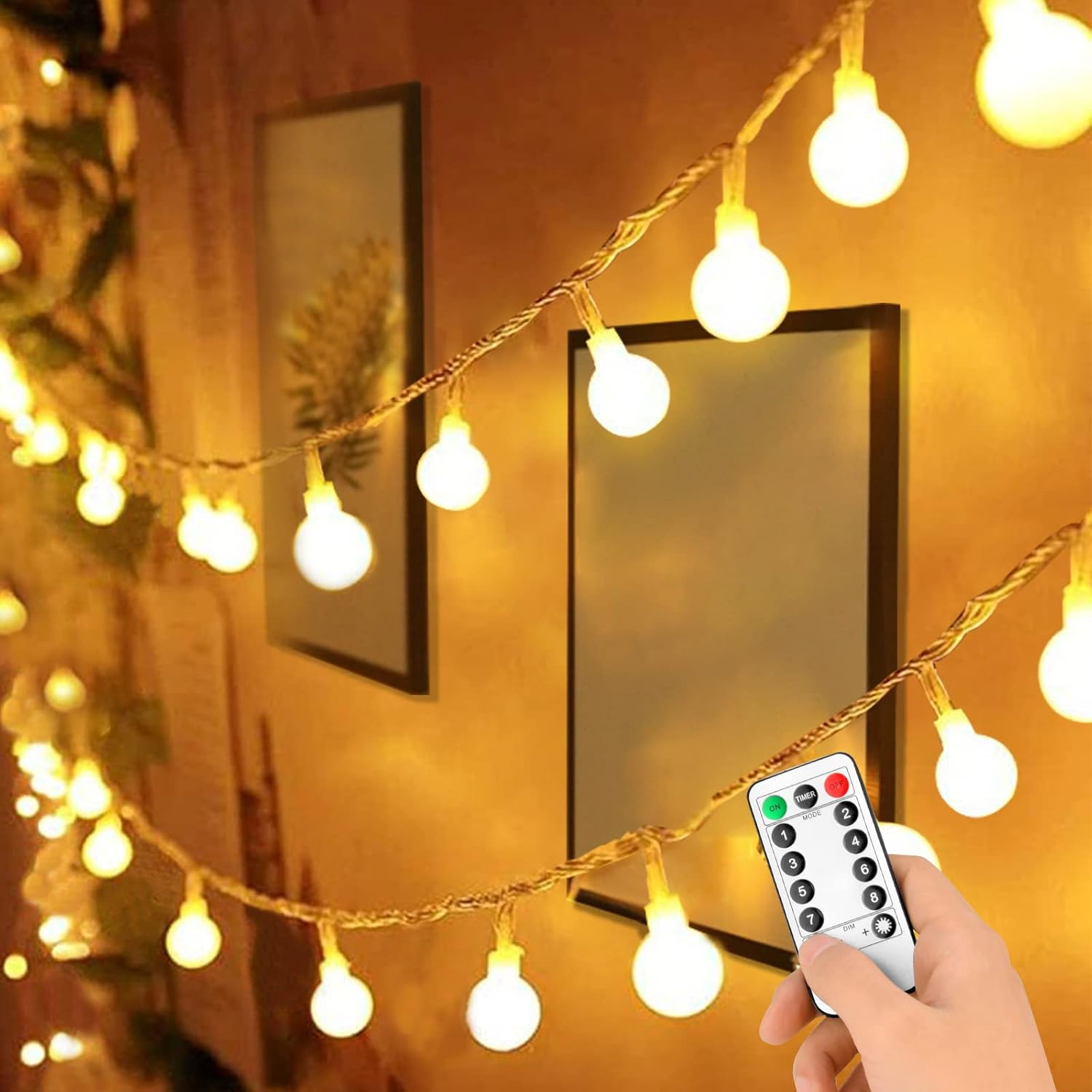 Beedove Globe Fairy Lights, 23FT 50 LED Battery Powered Ball String Lights 8 Modes Dimmable for Wedding Garden Christmas Tree Decor Indoor Outdoor Party Decor (Warm White)