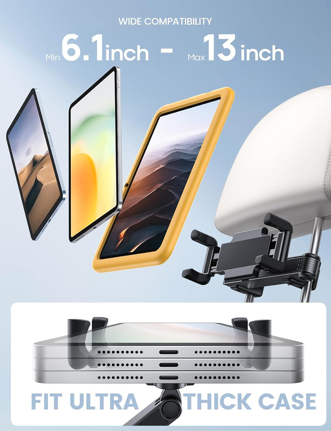 Lamicall Car Headrest Tablet Holder - [Thick Case Friendly] Ipad Mount for Car Backseat, Road Trip Essentials for Kids, for Ipad Pro, Air, Mini, Galaxy, Fire HD, More 6.1-13" Devices, Black image number 4