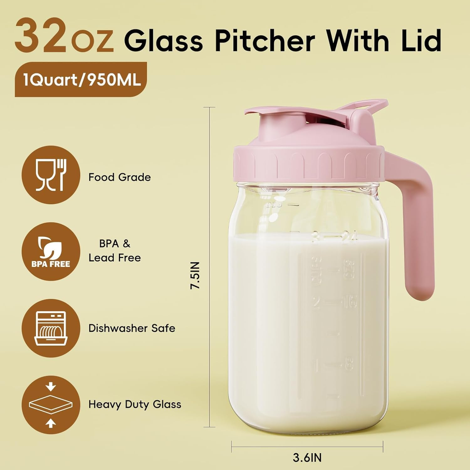 32Oz Breast Milk Pitcher Jug, Heavy Duty Wide Mouth Glass Mason Jar with Flip Cap Lid, Airtight Pitcher with Pour Spout Handle for Beverages Breast Milk Coffee Tea Ice Drinks Storage Container(Pink)