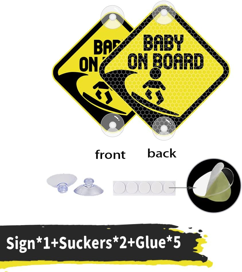 Vesvory Baby on Board Surf Sticker for Cars, Reflective PVC Car Decals with Suction Cups Double-Side Baby on Board Sign Reflective Baby Safety Warning Car Decal,4.72X4.72 In(Reflective Yellow)