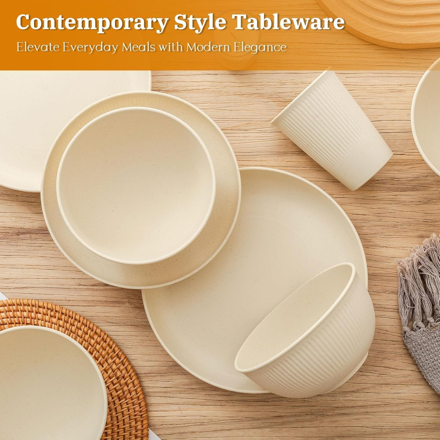 24Pcs Reusable Wheat Straw Cups Plates and Bowls Set, Dinnerware Sets for 6, Microwave and Dishwasher Safe Kitchen Dish Set for RV Camping Picnic Dorm, Beige image number 3