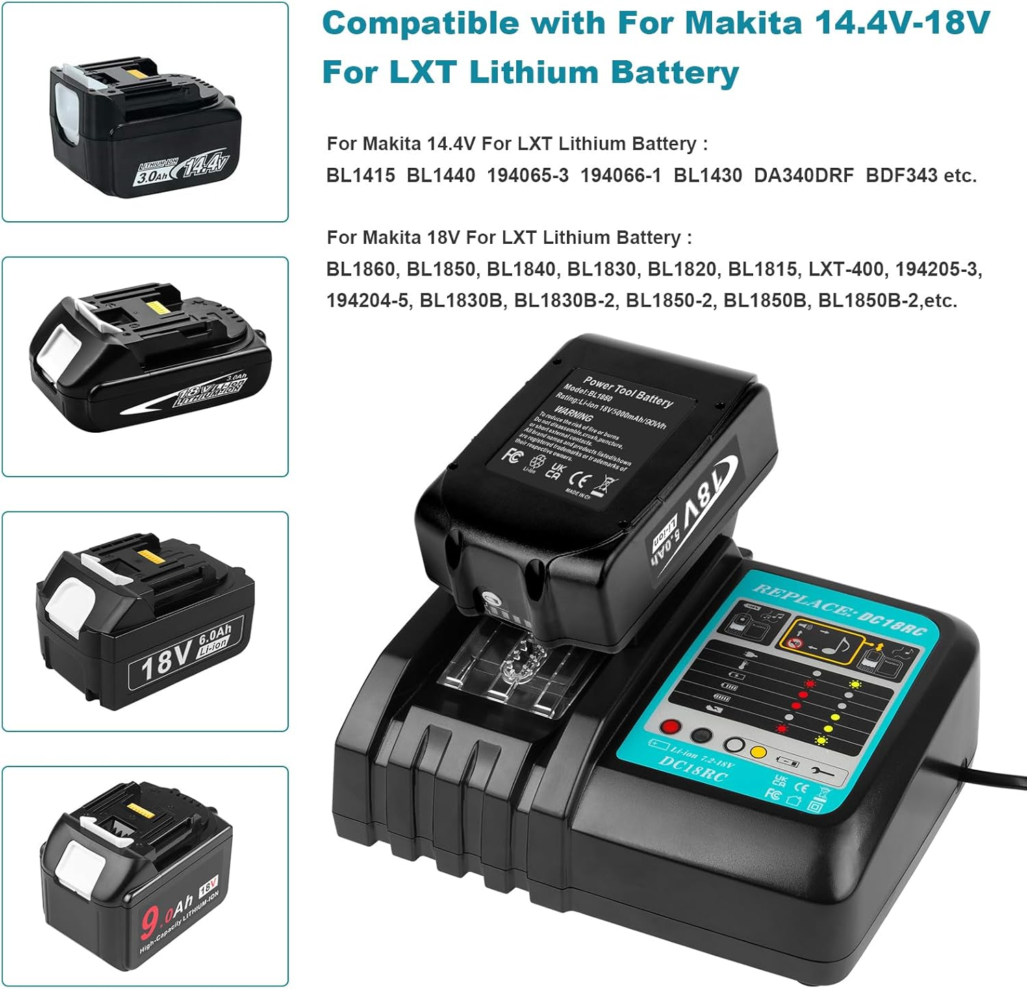 Battery & Charger Compatible for Makita18V BL1815 BL1830 BL1835 BL1840 BL1850 BL1860 LXT400 Lithium Battery, Replace Charger with DC18RD DC18RC DC18RA DC18SF DC18SD image number 5