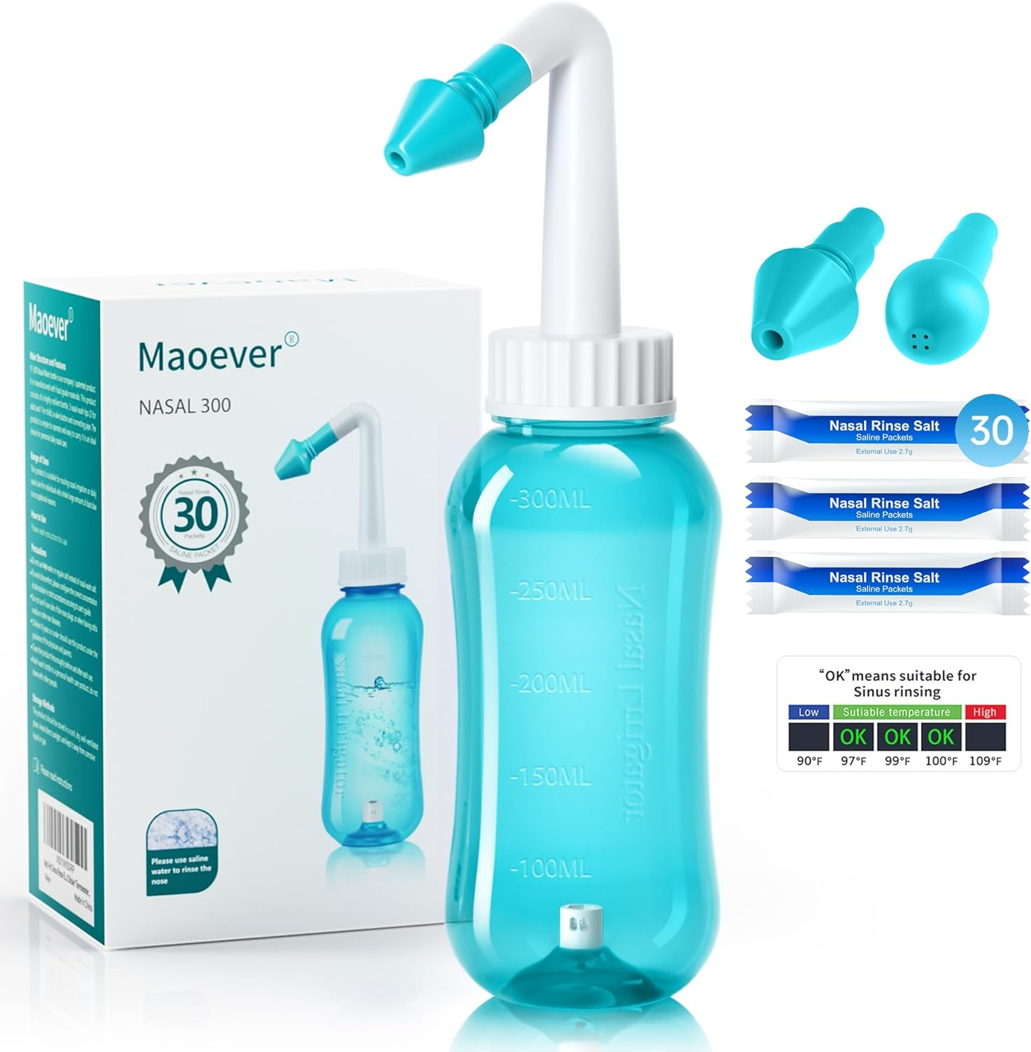 MAOEVER Neti Pot Sinus Rinse Nasal Wash 300ML Neti-Pot with 30 Nasal Wash Salt Packets and Sticker Thermometer Nose Cleaner Washing Bottle Cleaner Pressure Irrigation for Adult & Kid BPA Free (Blue)