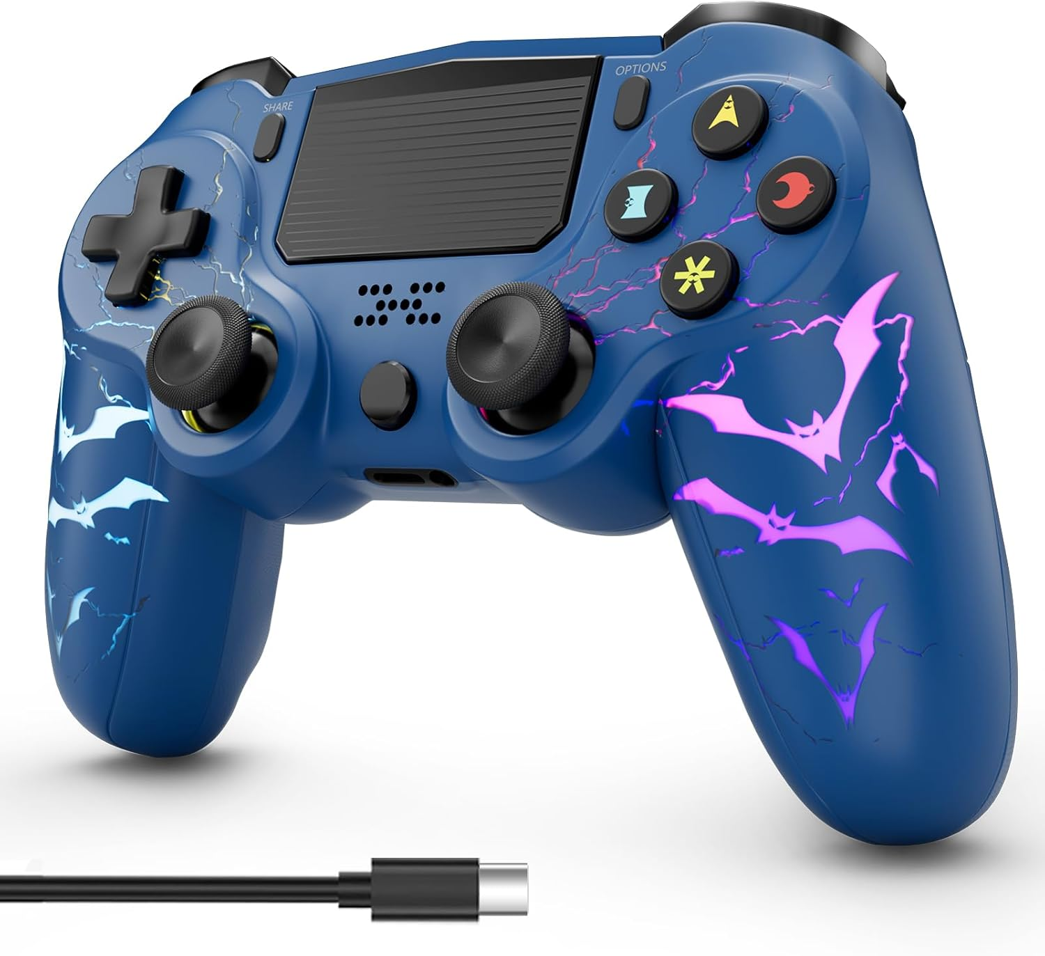 Wireless Controller for PS4, LED Controller for Playstation 4 with 5 Light Modes/Usb-C Charging Port/Touchpad/Dual Motors/6-Axis Gyro/3.5Mm Audio Jack, Bats-Shape Light Design Game Control for Ps4(Blue)