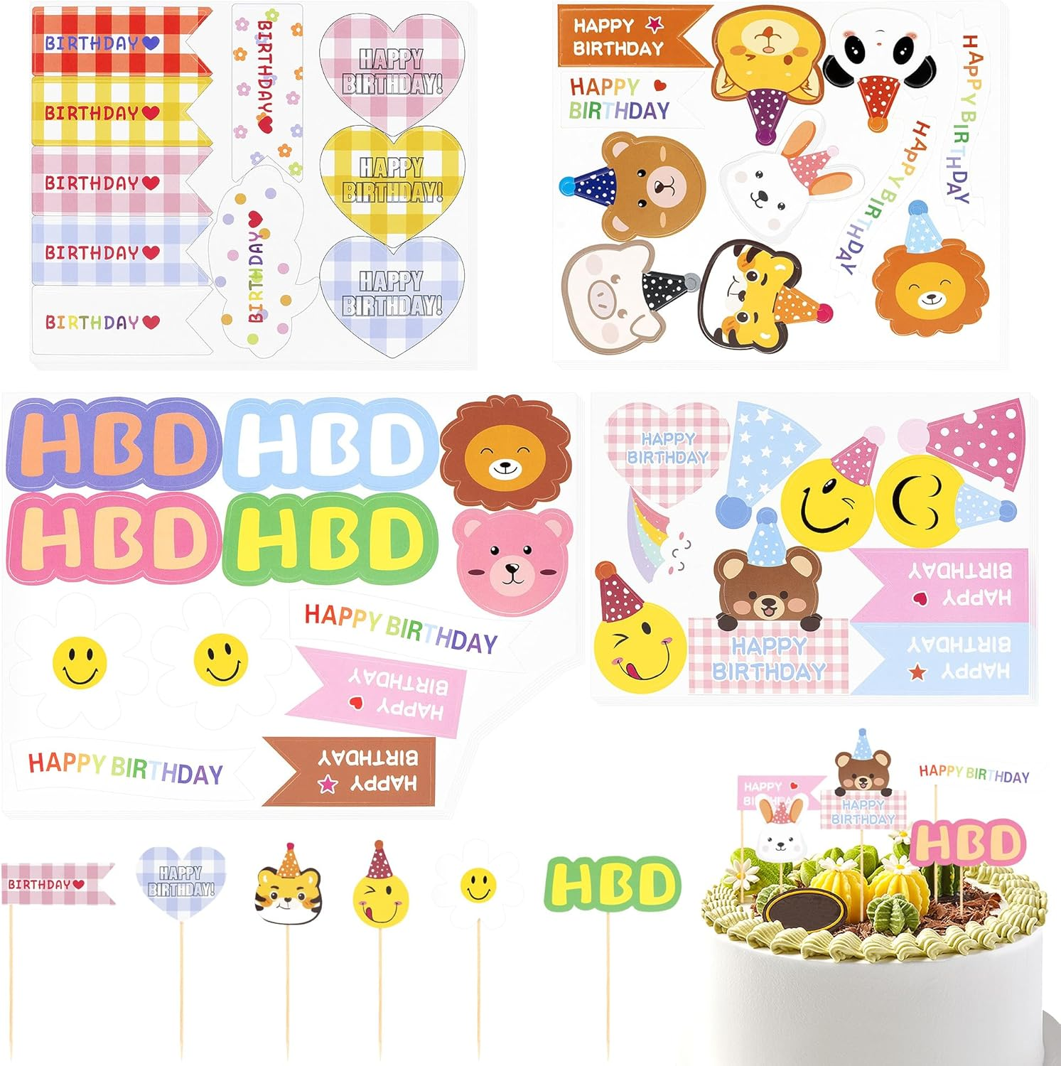 Hannafires 100PCS Colorful Cake & Cocktail Toppers &ndash; Smiley Face Party Picks with Bear Candles, Cloud Hats & Mini Decorations for Birthday Cakes & Dessert Tables image number 6