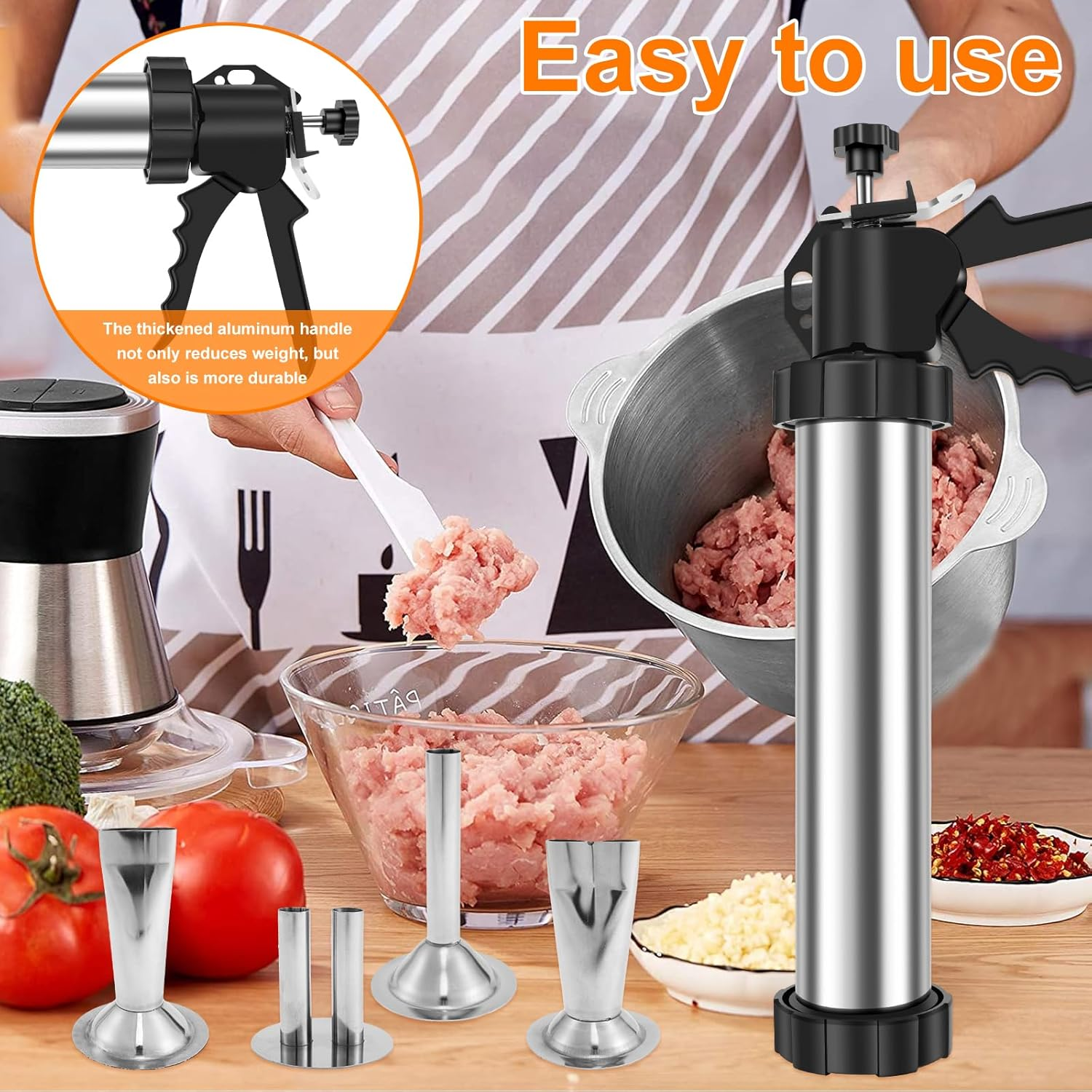 DJAPWPX Sausage Stuffer Kit Manual Stainless Steel Jerky Maker Kit Easy Cleaning Large Capacity Jerky Stuffer Kit with Thickened Aluminum Handle for Home Kitchen image number 1