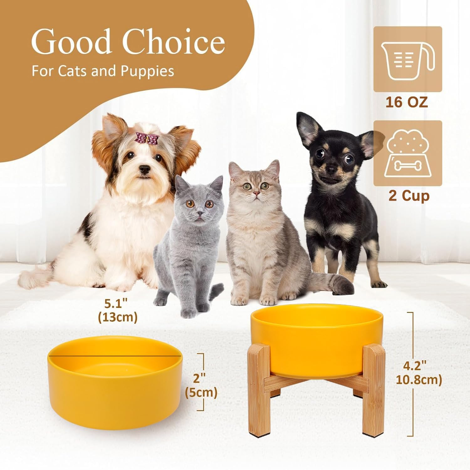 Elevated Ceramic Dog Bowl - PRENDIEEN Raised Dog Bowls with Non-Slip Bamboo Stand - Dog Food and Water Bowl - Dog Feeding Bowls - Pet Dishes for Cats and Small Dogs - 16 OZ - 480 ML (Yellow, Small) image number 3