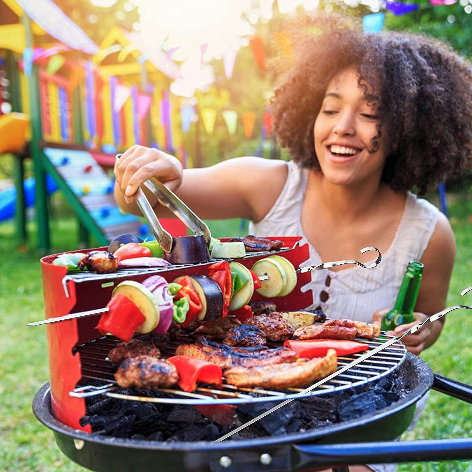 Mihao Barbecue Skewers - 12 Pack, 14" Long Flat Stainless Steel Shish Kebob Sticks with Silicone Sleeves image number 2