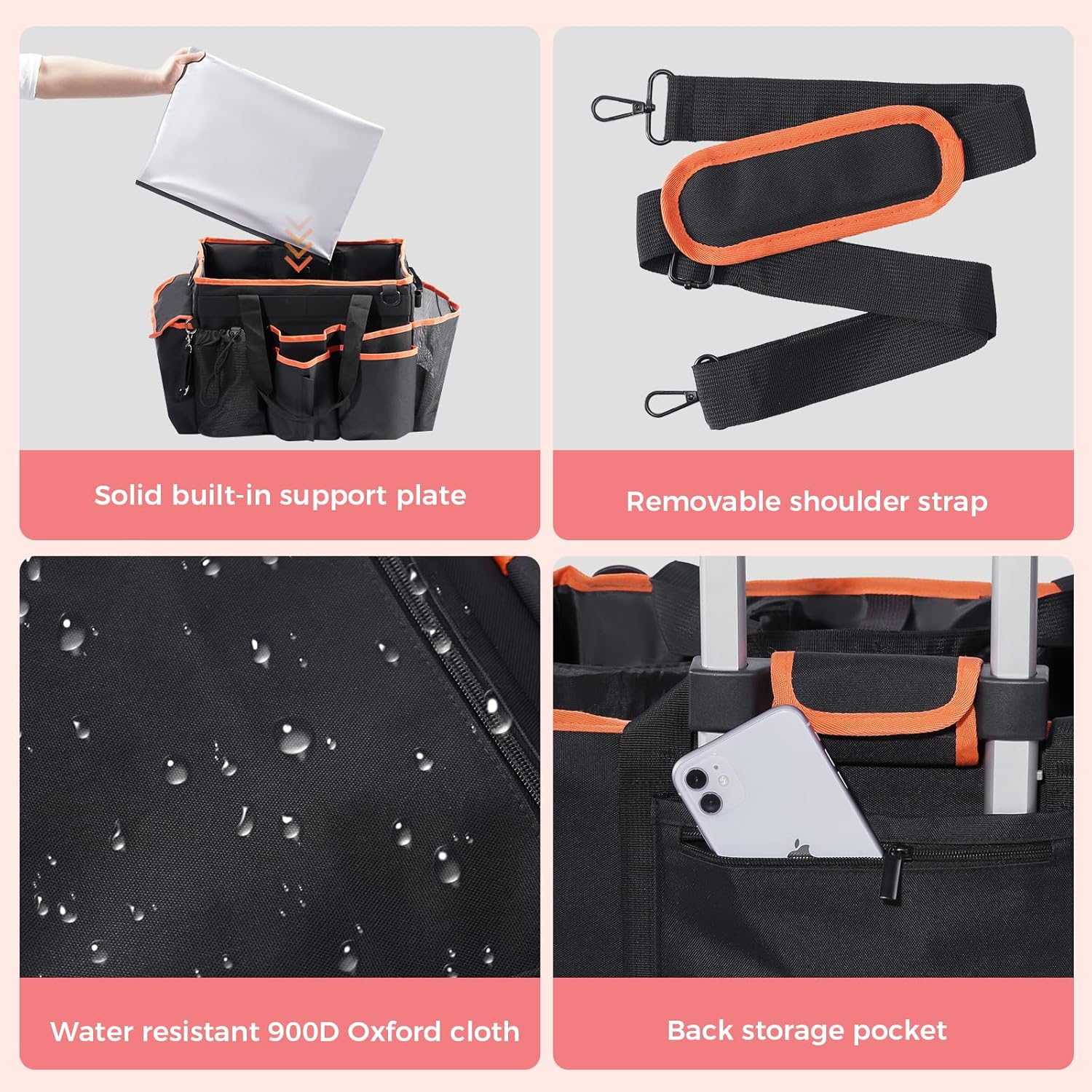 Procase Cleaning Caddy with Wheels for Housekeepers, Professional Portable Rolling Cleaning Supplies Large Clean Cart Bag with Detachable Trolley Handle and Shoulder Strap -Blackorange