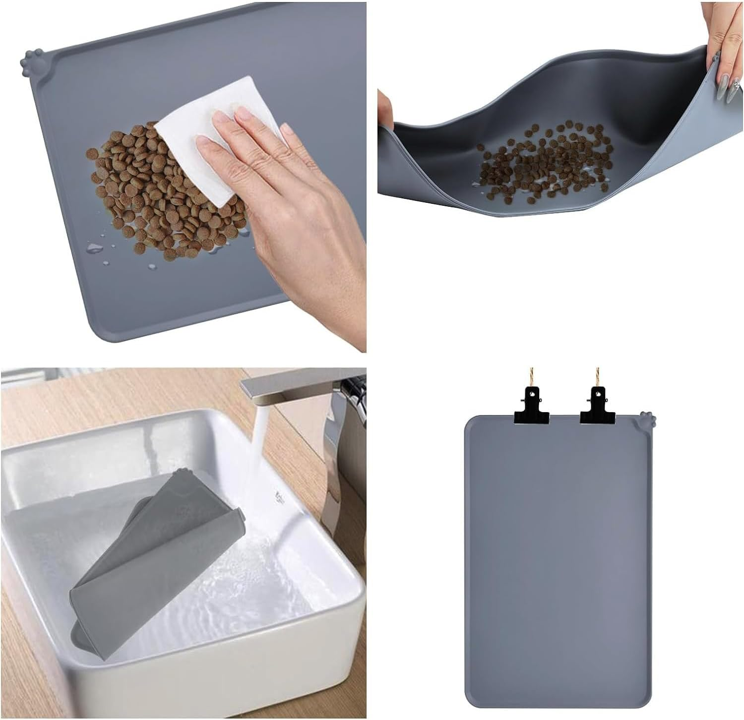 Mumoo Bear Silicone Pet Feeding Mat, Waterproof Dog Cat Food Mat with Raised Edges, Dog Cat Water Bowl Placemats for Food and Water Prevent Spill for Pets-Grey