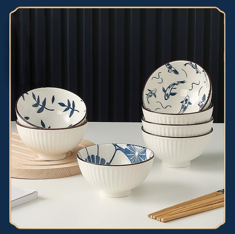 6Pcs Japanese Ceramic Rice Bowls,Blue and White Dipping Bowls Soy Sauce Dish Small Ceramic Bowls Ideal for Sauces Snacks and Party Food Unique Floral Design Kitchen Tableware,300Ml/10 Oz image number 2