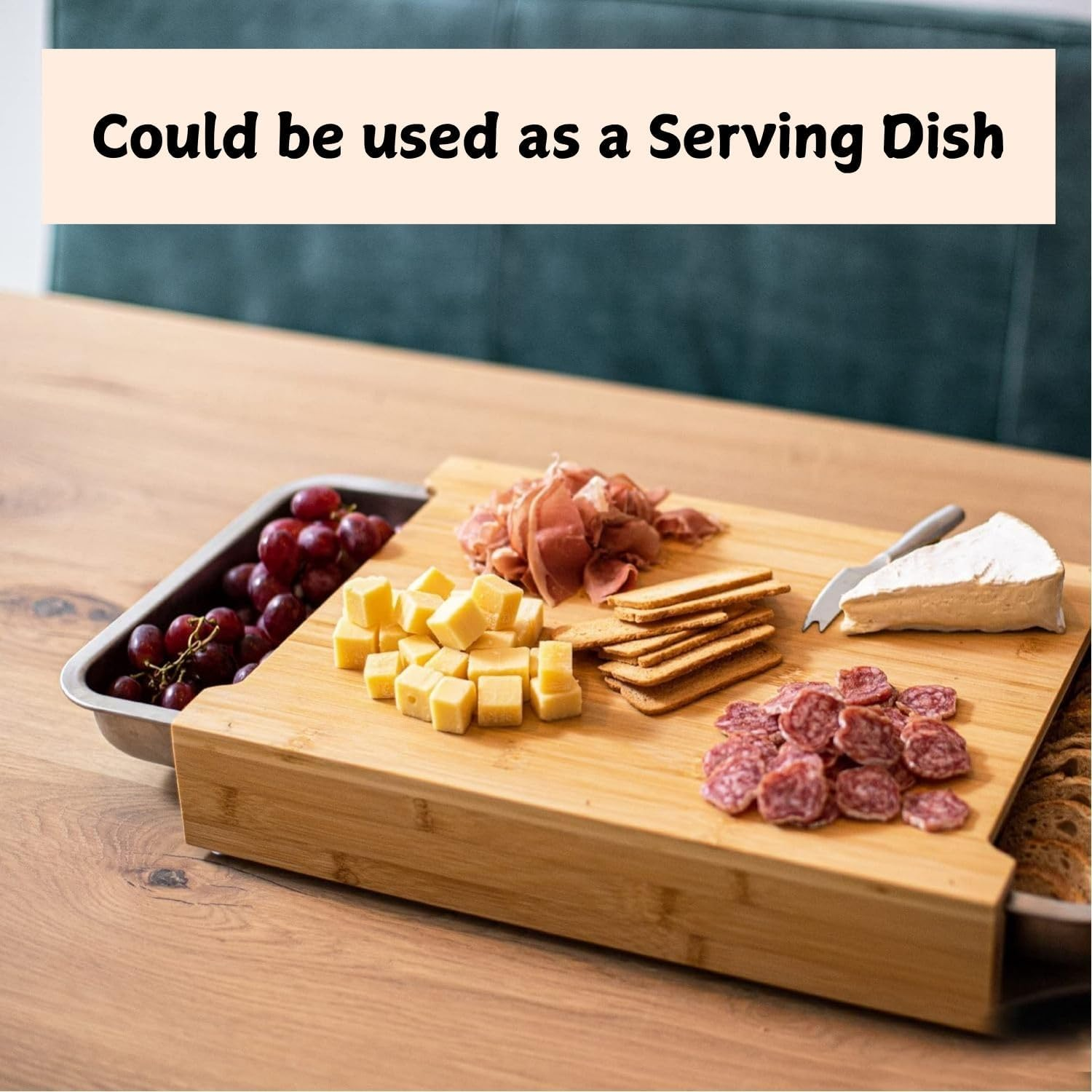 CARLA HOME Chopping Board with Containers, Bamboo Cutting Board with 2 Organiser Stainless Steel Trays, Meal Prep Cutting Board with Containers, Large Wood Cutting Board with Slide Out Trays Kitchen image number 4