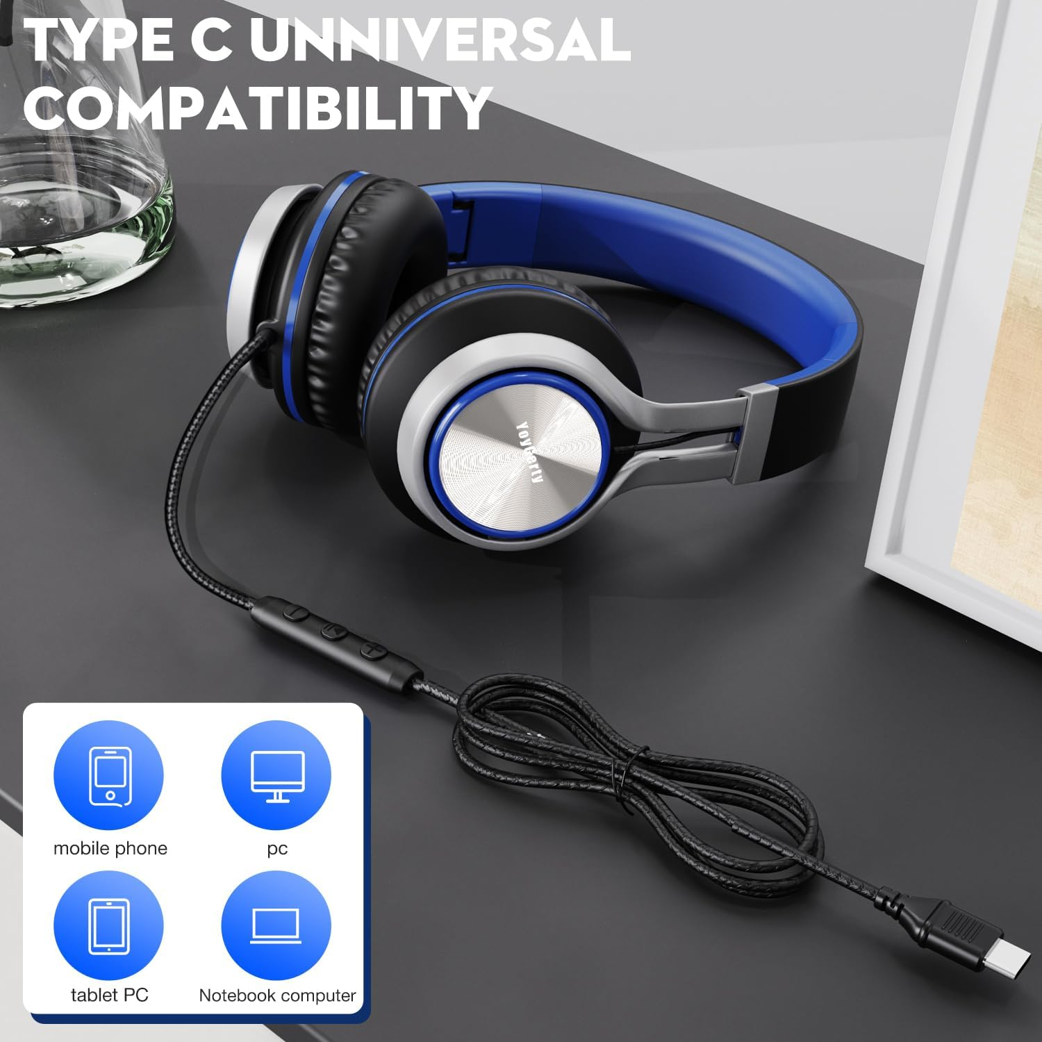 Upgraded USB Type C Wired Headphones, Foldable Over-Ear Headphones with Mic and Volume Control, Hi-Fi Stereosound for Adults/Teens/Toddlers/Tablets/Travel(Blue) - Red image number 3