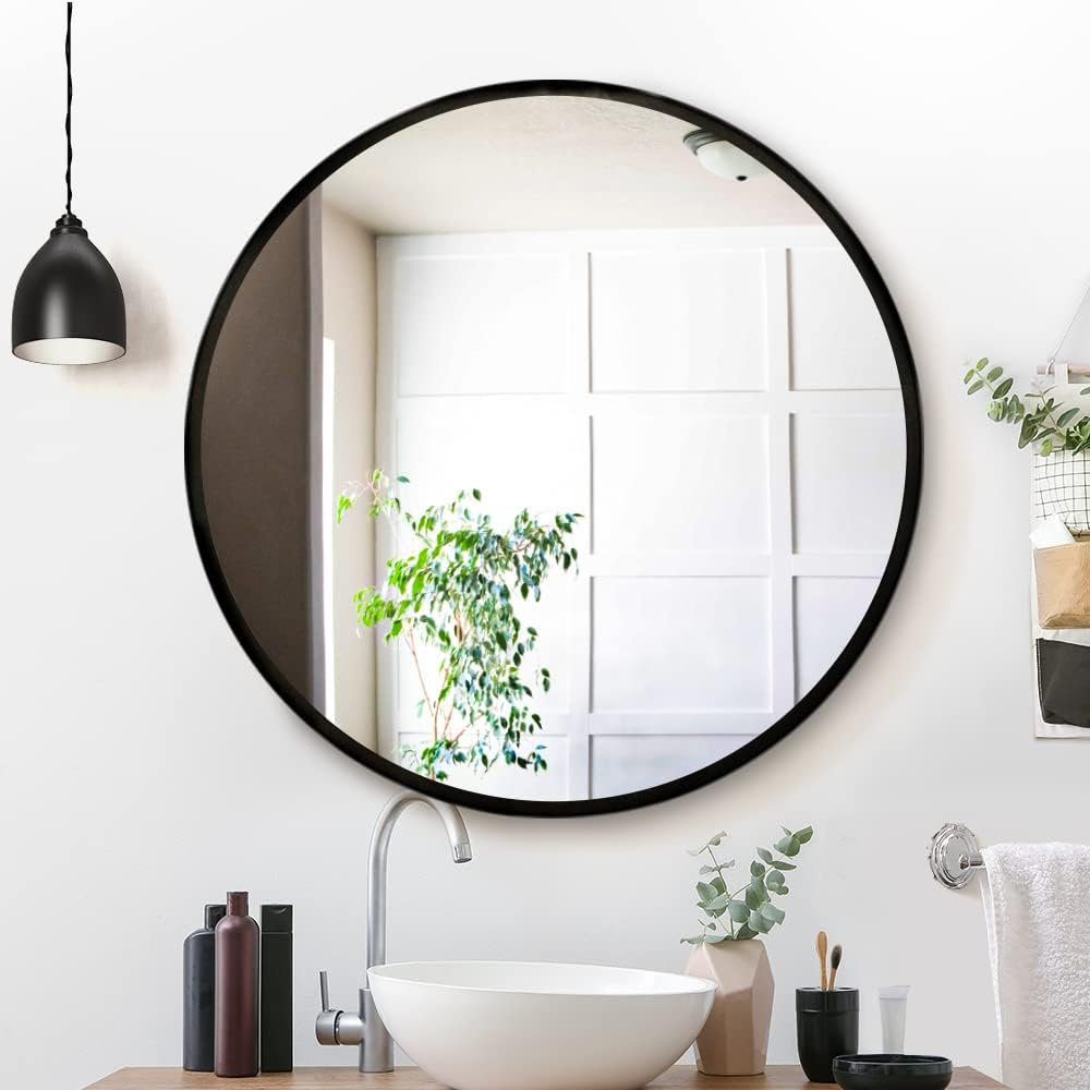 Embellir Wall Mirror, 90Cm Metal Frame Vanity Makeup Shower Bathroom Make up Mirrors Wall-Mounted Decorative Hanging Room Decor for Home Bedroom Hallway, Oval Silver Coated Modern Circle Black image number 5