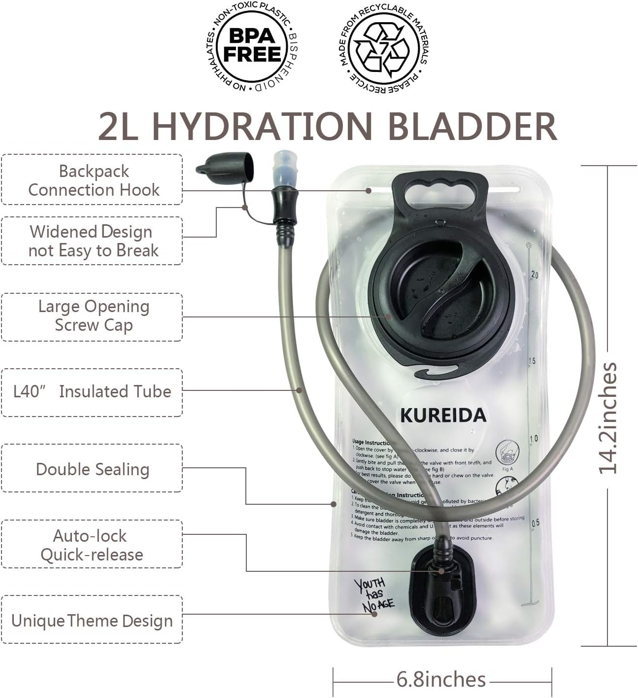 KUREIDA Hydration Bladder 2 Liter Leak Proof Water Reservoir,Bpa Free,Wide Opening, Military Water Bladder Combined with Hydration Backpacks for Biking Hiking Running Camping Climbing. image number 6