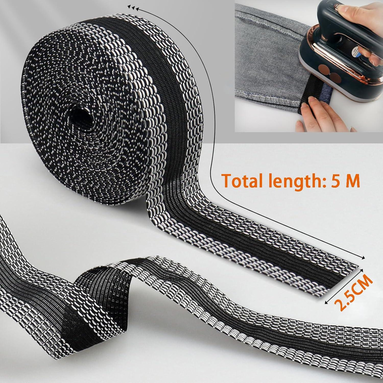 Iron-On Instant Hem Tape 25Mm X 5M for Trousers & Jeans, No-Sew Permanent Hemming, Washable Adhesive for Pants Alterations - Black image number 1