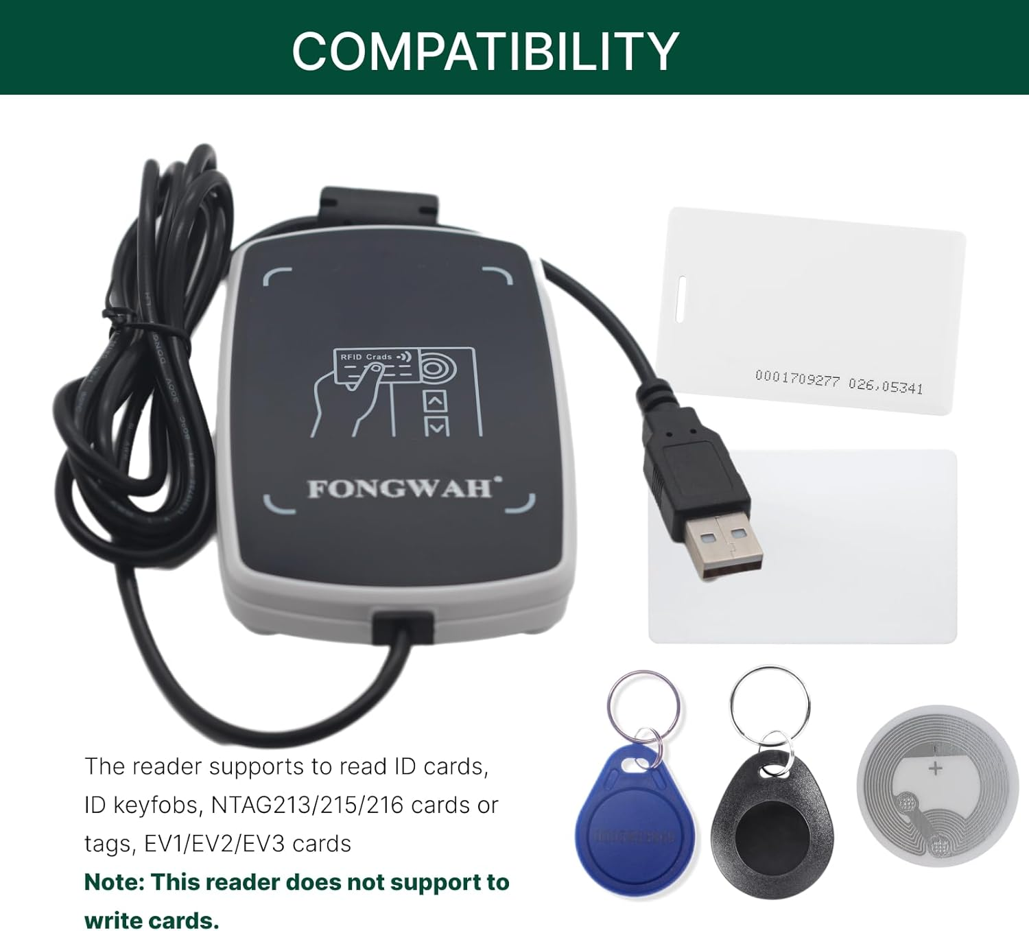 Fongwah Desktop RFID IC and ID Card Reader S7-EU-00-02, Keyboard Emulation Output, Support ISO14443A Cards /S50 Card and 125Khz ID Cards image number 2