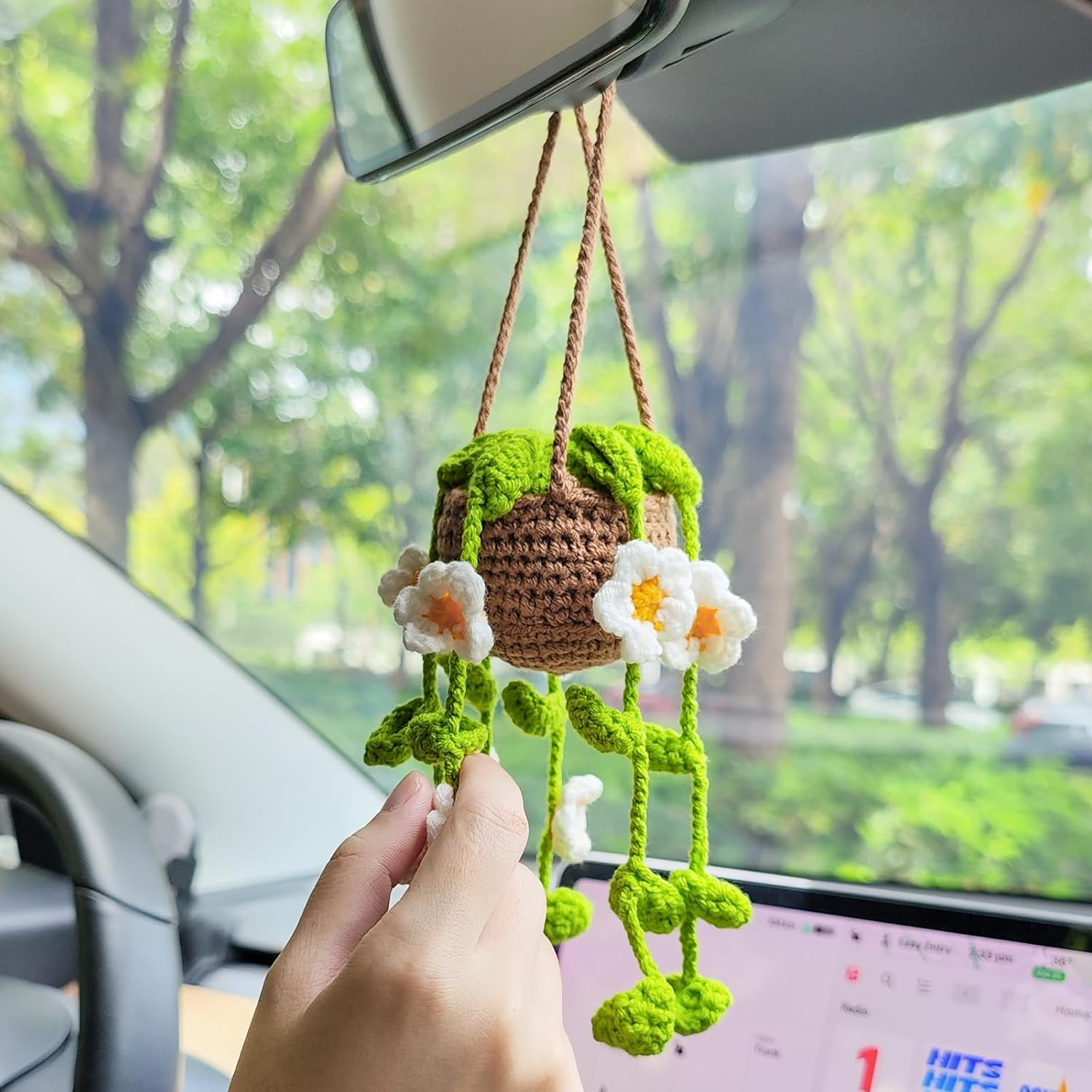 Crochet Plant Hanging Basket Car Rear View Mirror Hanging Accessories Women Interior Aesthetics Cute Handmade Knitted Girly Gift(White Flowers)