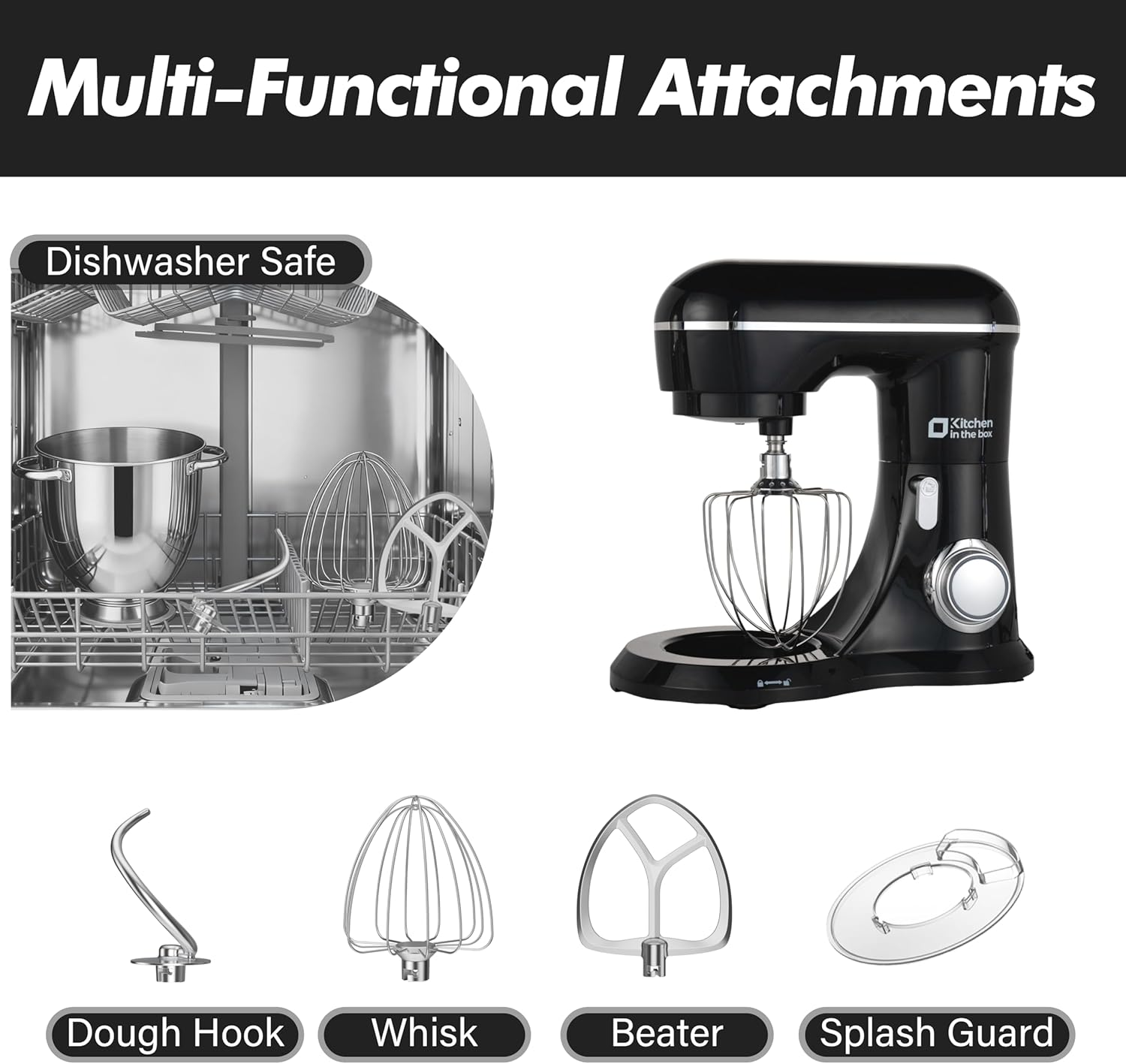 Kitchen in the Box Stand Mixer, 1300W 6L Kitchen Mixer for Home Baking, 10-Speed Tilt-Head Dough Mixer, Electric Mixer with Dough Hook, Beater and Whisk, Black image number 2