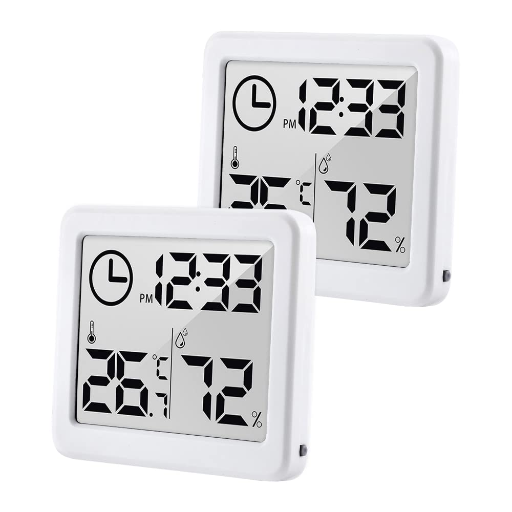 [2 Pack] 3.2 Inch Digital Indoor Hygrometer Thermometer, Room Humidity Gauge with Time Clock, High Accuracy Temperature Humidity Monitor with Magnet for Home Office Baby Room Greenhouse White image number 4